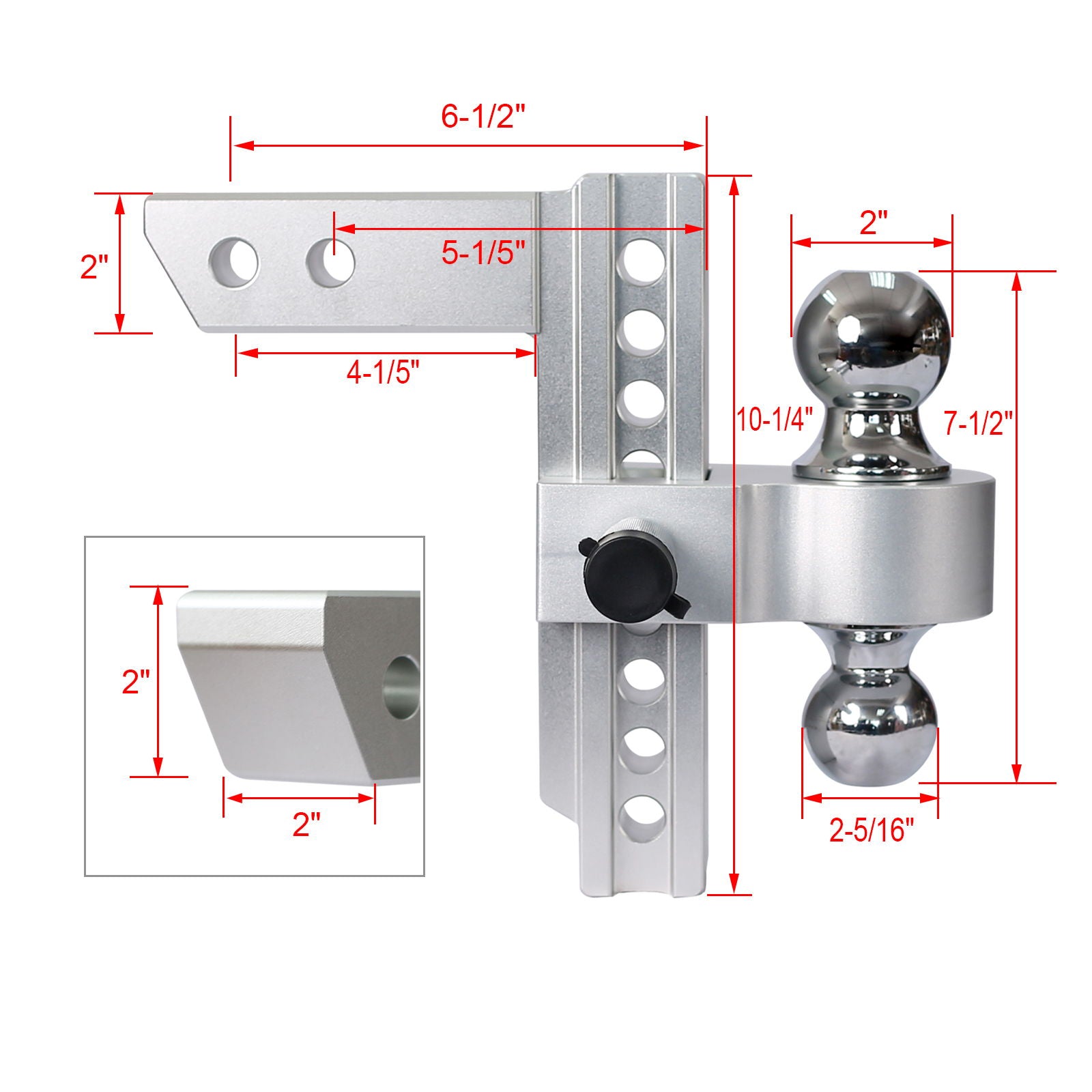Alu - Adjustable Trailer Drop Hitch 2" Receiver 8" Adjustable - Silver