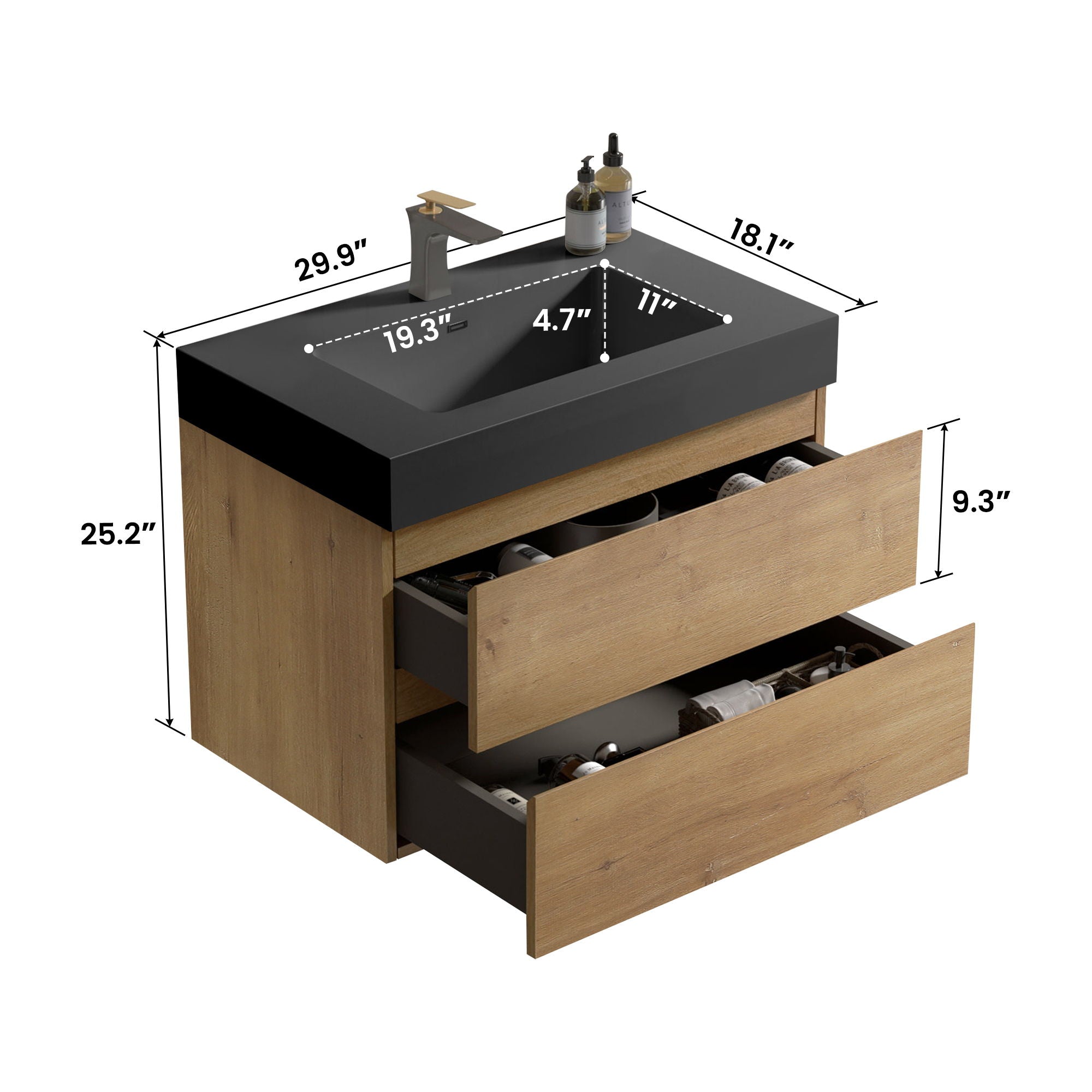 Alice - Natural Oak Bathroom Vanity With Sink, Large Storage Wall Mounted Floating Bathroom Vanity For Modern Bathroom, One-Piece Sink Basin Without Drain