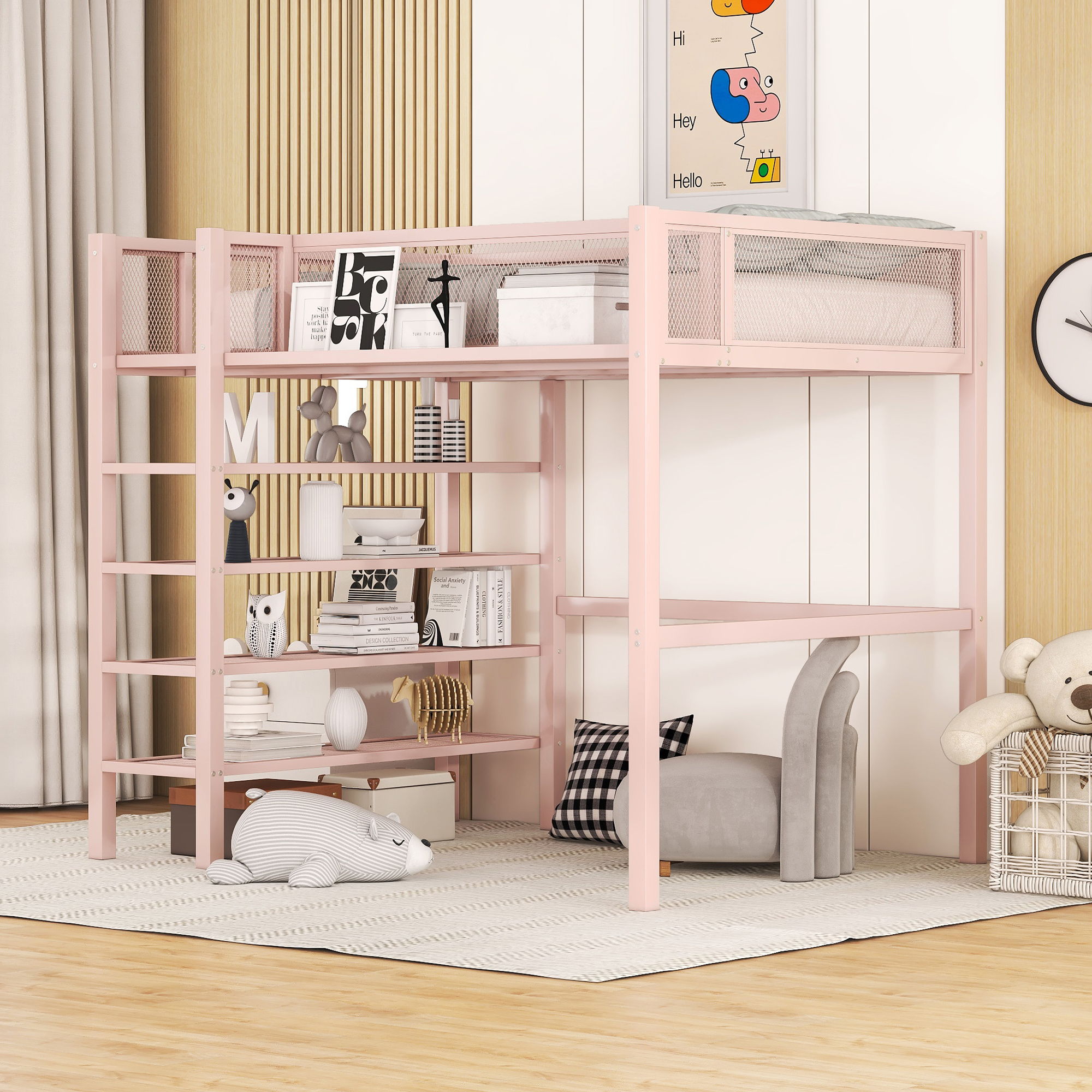 Loft Bed With 4 Tier Shelves And Storage