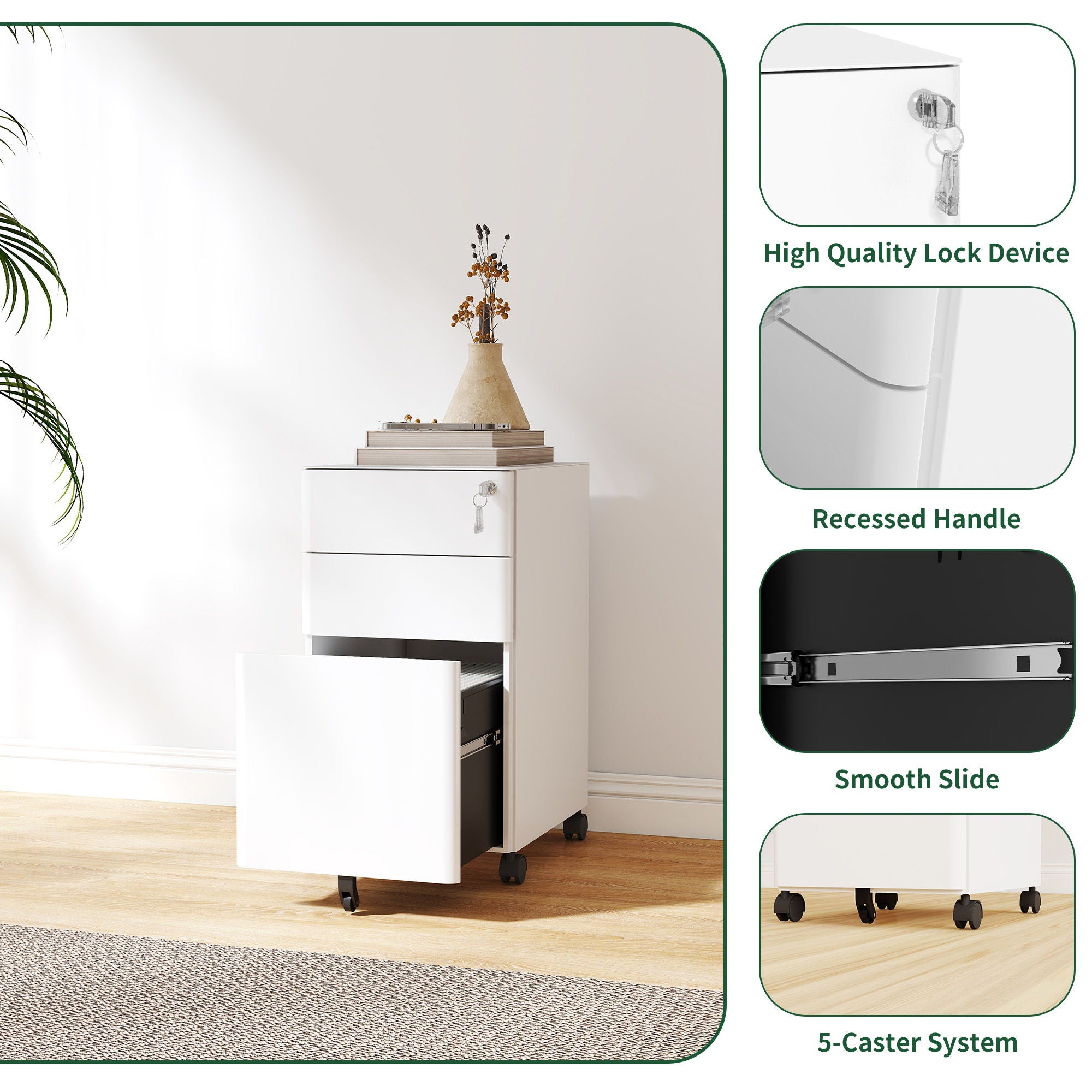 3-Drawer Mobile File Cabinet With Lock, On Wheels, Two Shallow & One Deep Drawer For Office/Home, Fully Assembled - White