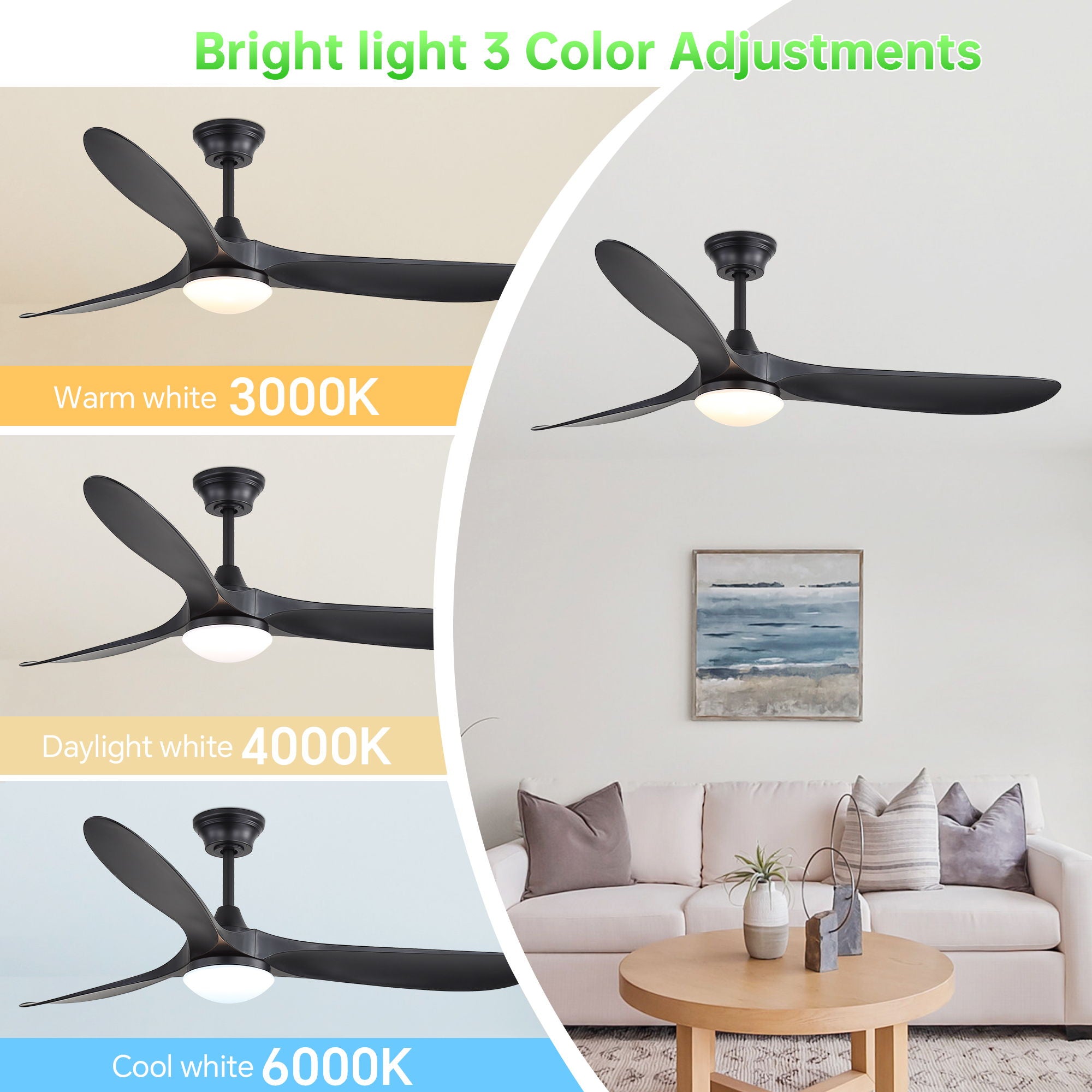 Smart Ceiling Fan With Lights, 3 Blades, Reversible Quiet DC Motor For Indoor