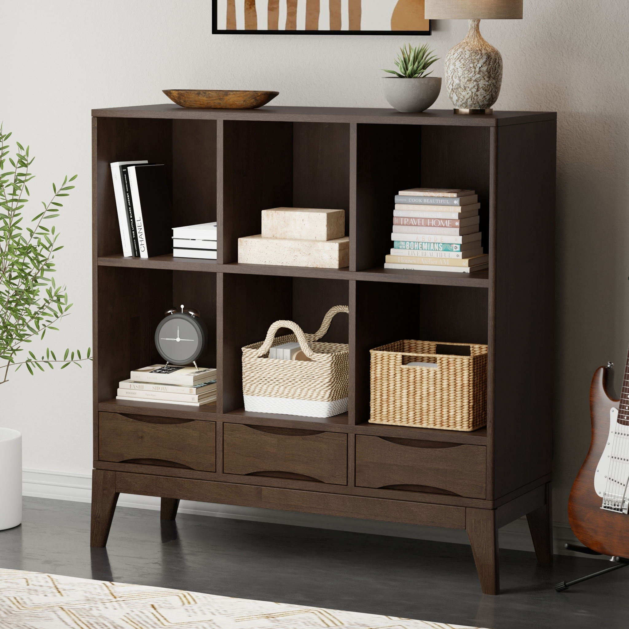 Harper - Low 6 Cube Storage With Drawers - Walnut Brown