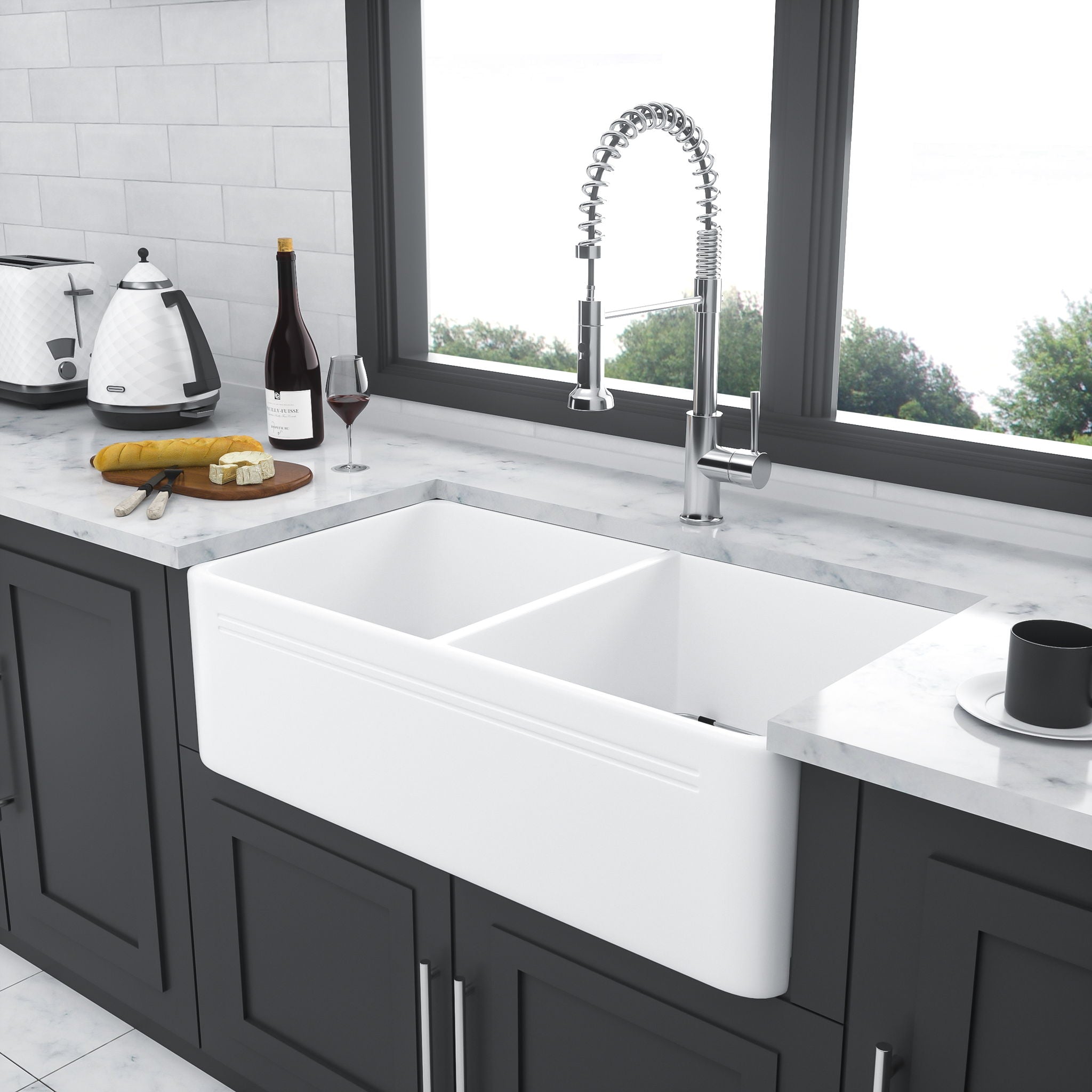 Sink 33" Double Bowl Apron Front Kitchen Sink 50 / 50 - White