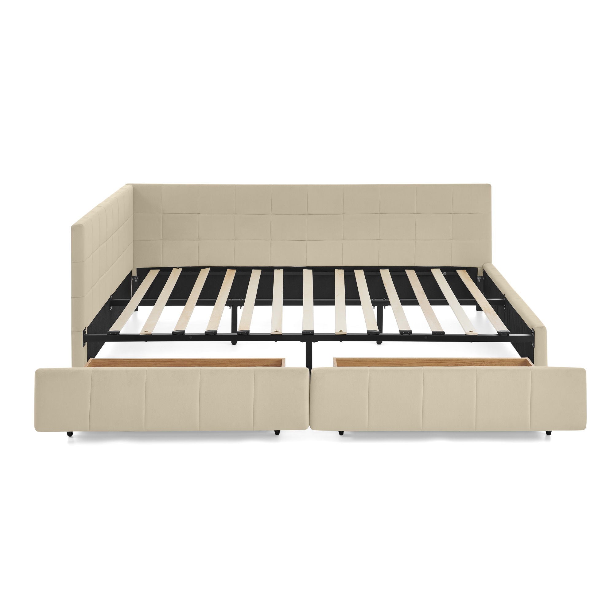 Mid-Century Storage Upholstered Tufted Bed Frame With Backrest And Armrests