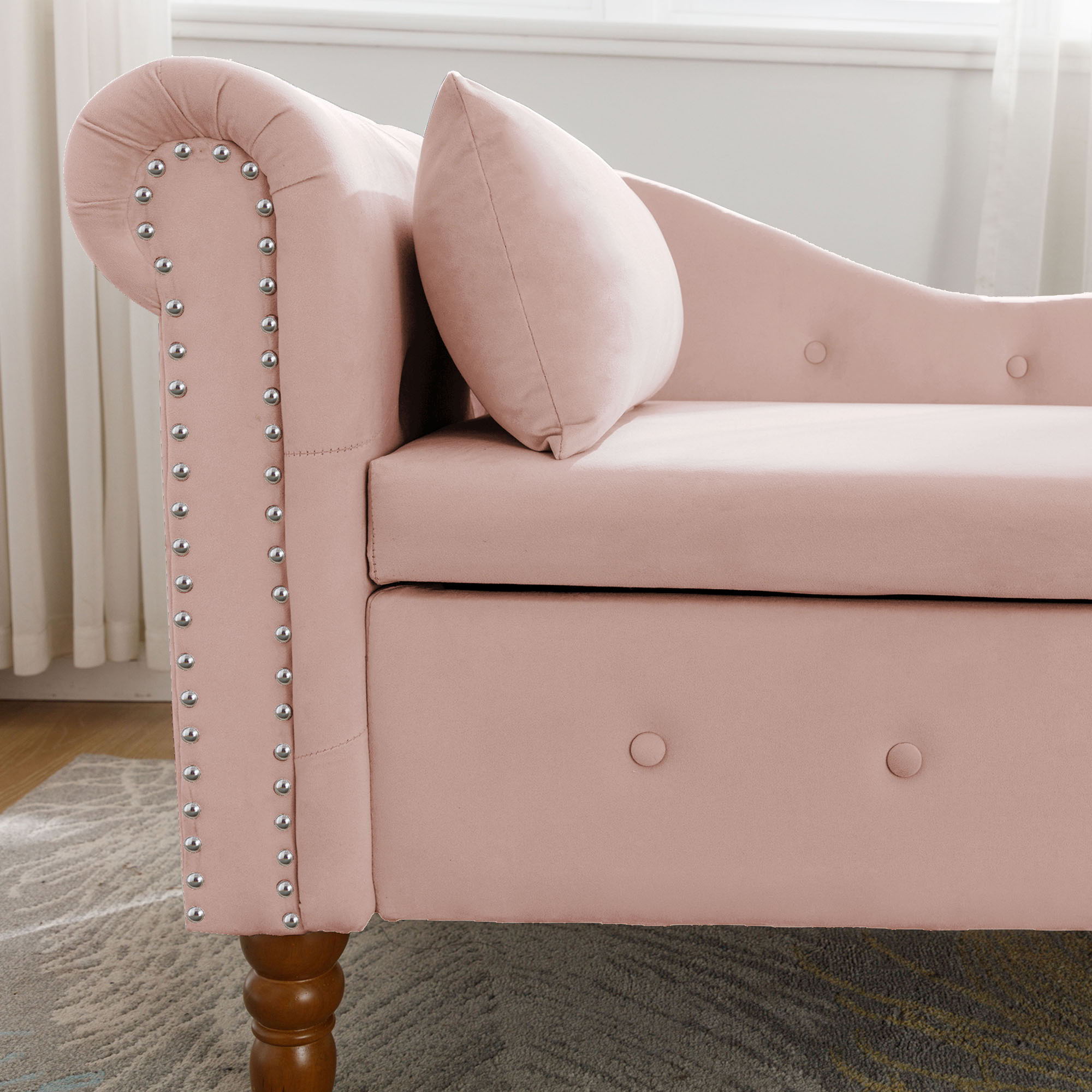 Chaise Lounge Indoor, Lounge Chair For Bedroom With Storage & Pillow, Modern Upholstered Rolled Arm Chase Lounge For Sleeping With Nailhead Trim For Living Room Bedroom Office