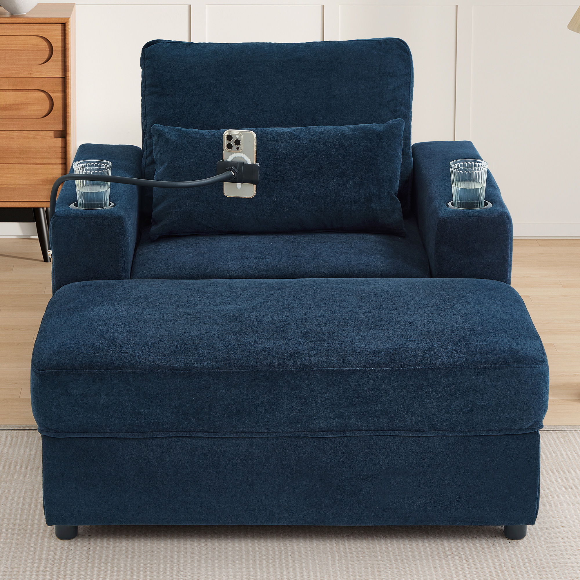 Modern Style Armchair Chaise Lounge Sofa Couch With Movable Storage Ottoman, USB Ports, Cup Holders, Phone Holder, Side Pockets