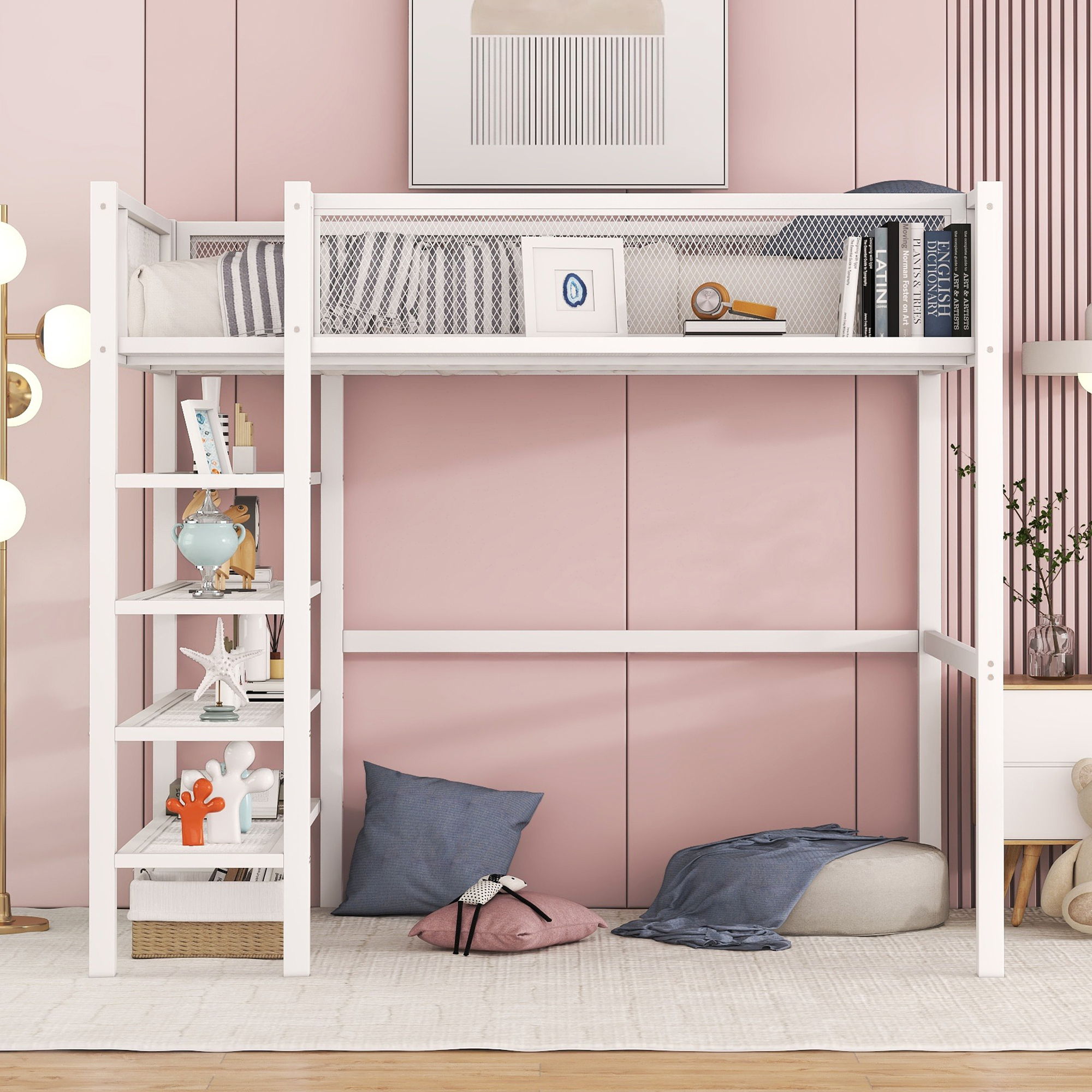 Loft Bed With 4 Tier Shelves And Storage
