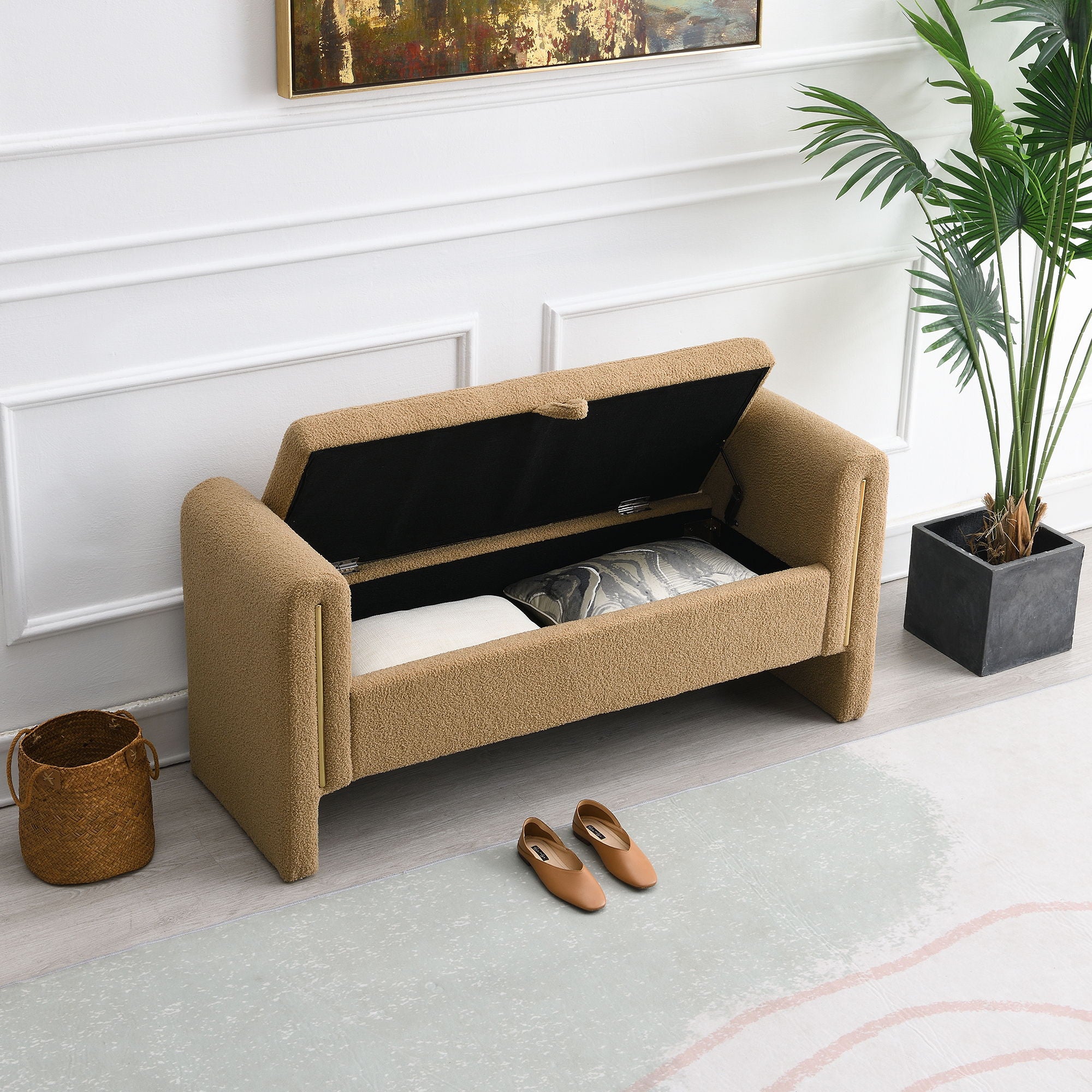 Modern Teddy Upholstered Large Bed End Bench With Arms And Storage