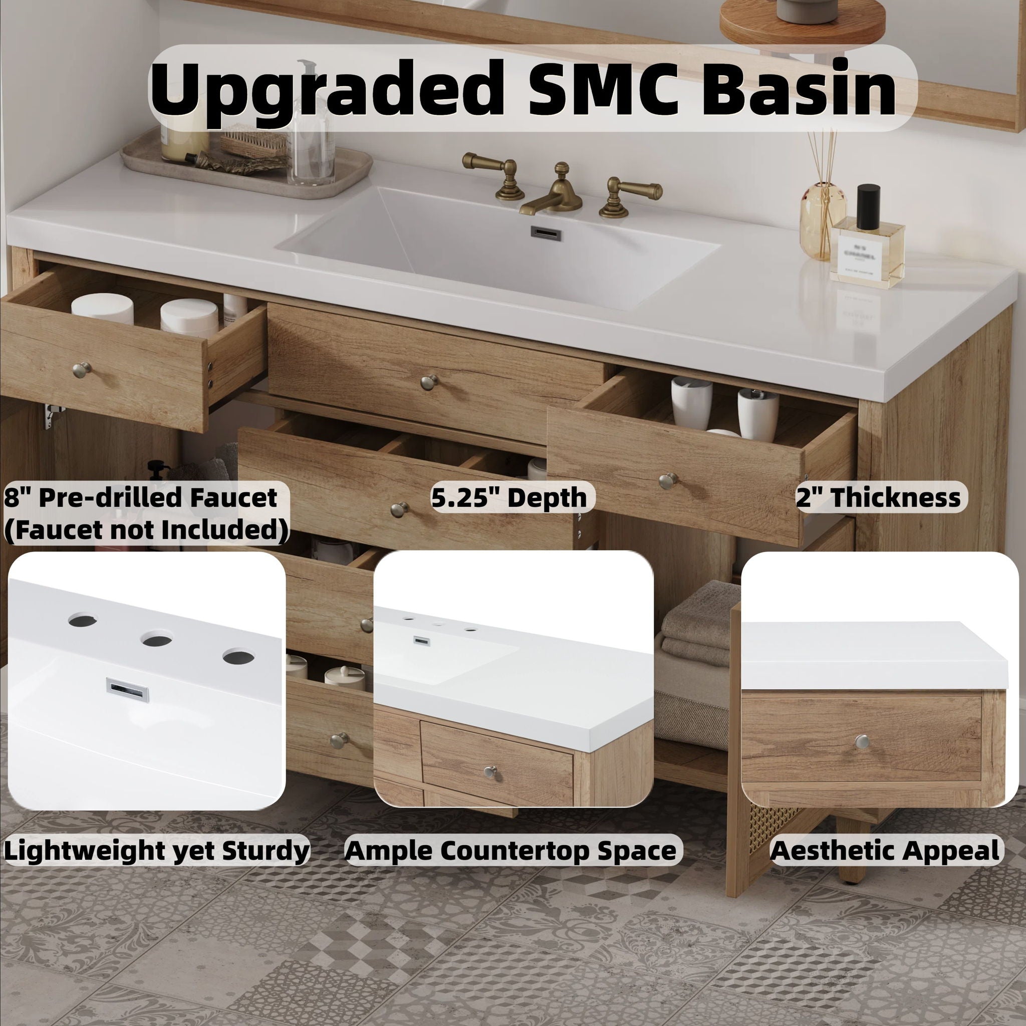 Bathroom Vanity With Sink, 5 Legs, Soft Close Drawers
