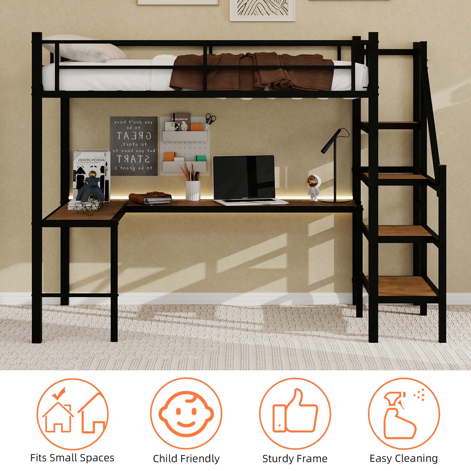 Loft Bed With L-Shaped Desk, Large Storage Space