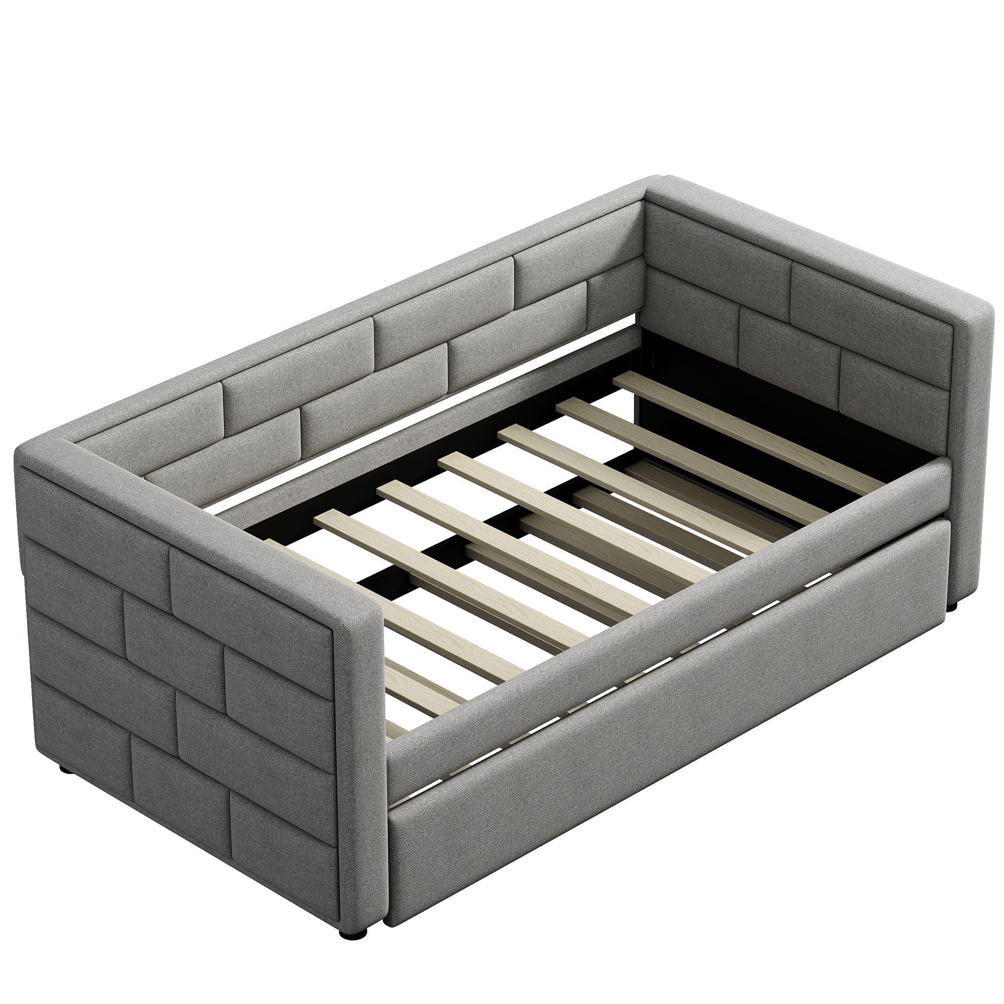 Upholstered Twin Size Daybed With Trundle, Padded Back And Sides - Gray