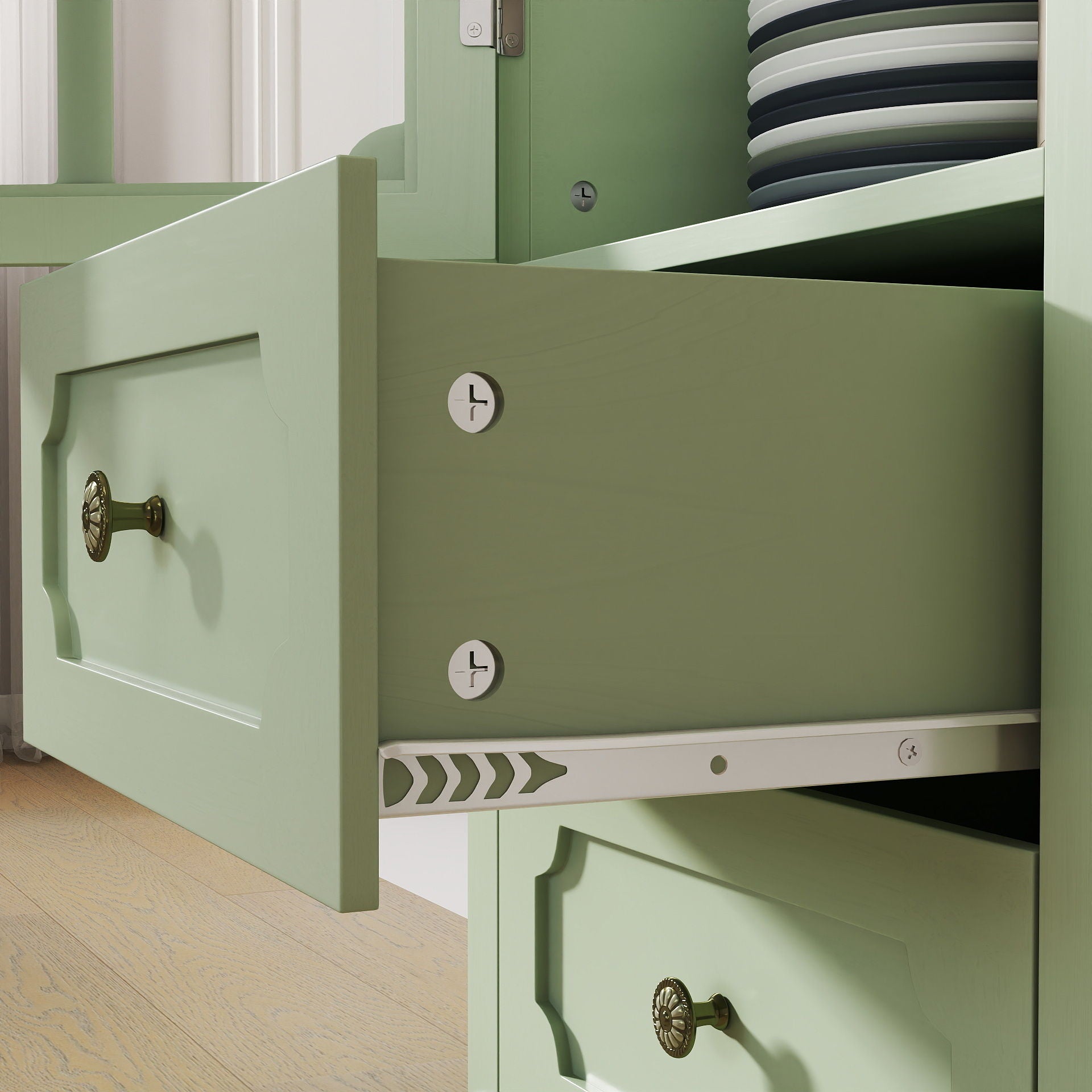 Minimalism Buffet Cabinet With Glass Doors And Double Drawer