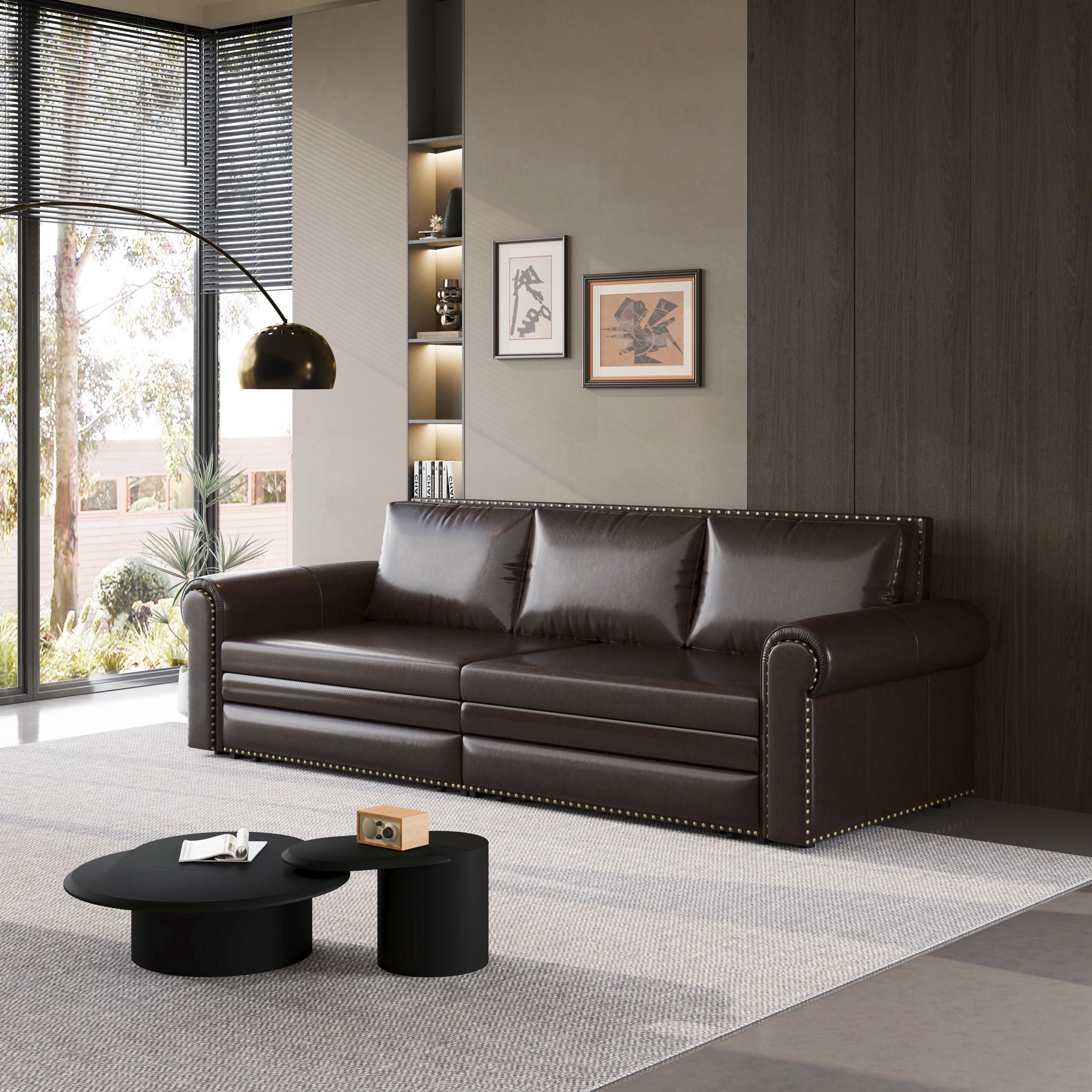 3 In 1 Convertible Sleeper Sofa With Nailhead Trim & Rolled Arm
