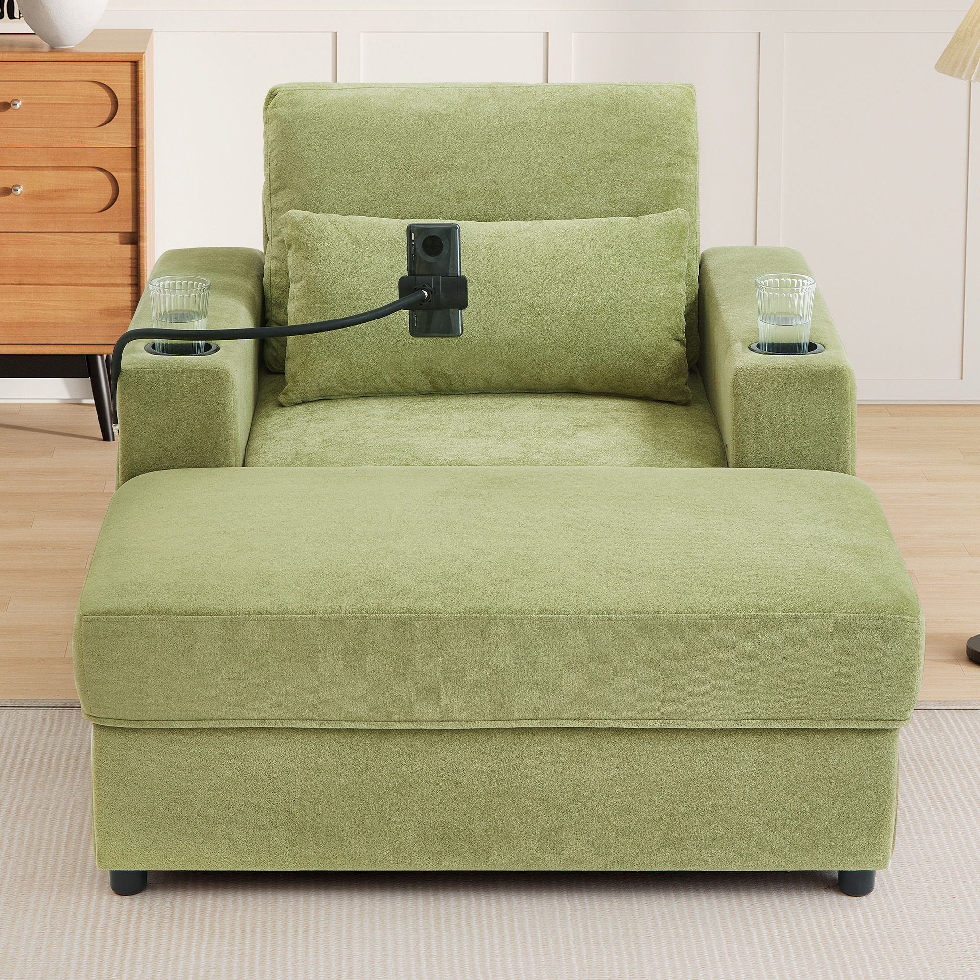 Modern Style Armchair Chaise Lounge Sofa Couch With Movable Storage Ottoman, USB Ports, Cup Holders, Phone Holder, Side Pockets