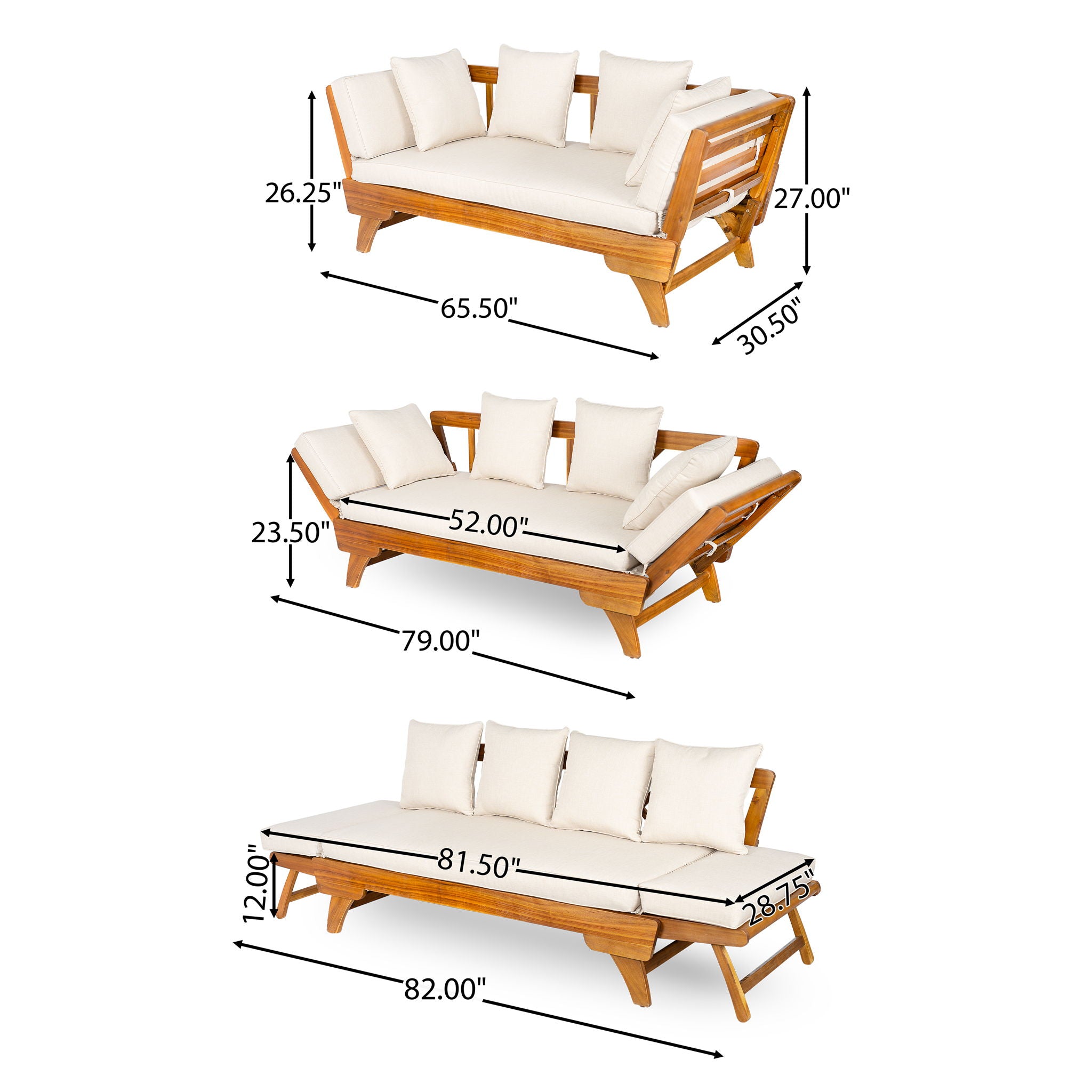 Outdoor Patio Daybed Sofa, 3 Seat Sofa With Foldable Arm 4 Back Pillows
