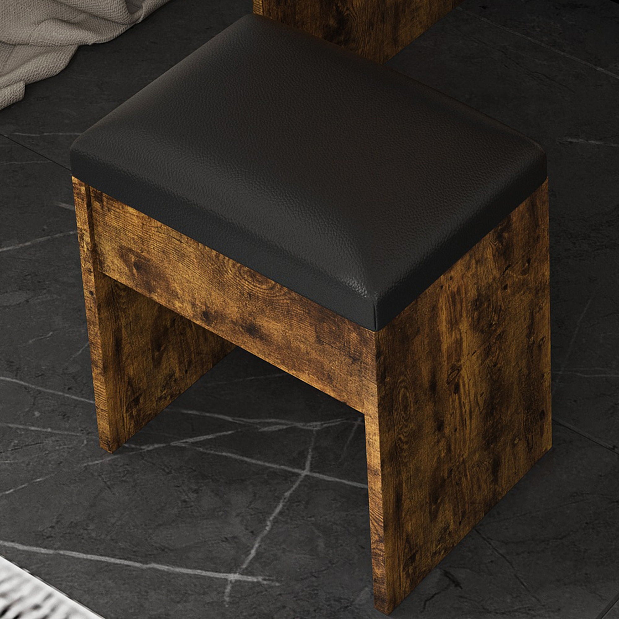 Vanity Table With Mirror, Adjustable LED Lights, Power Outlet, Hairdryer Holder & Stool