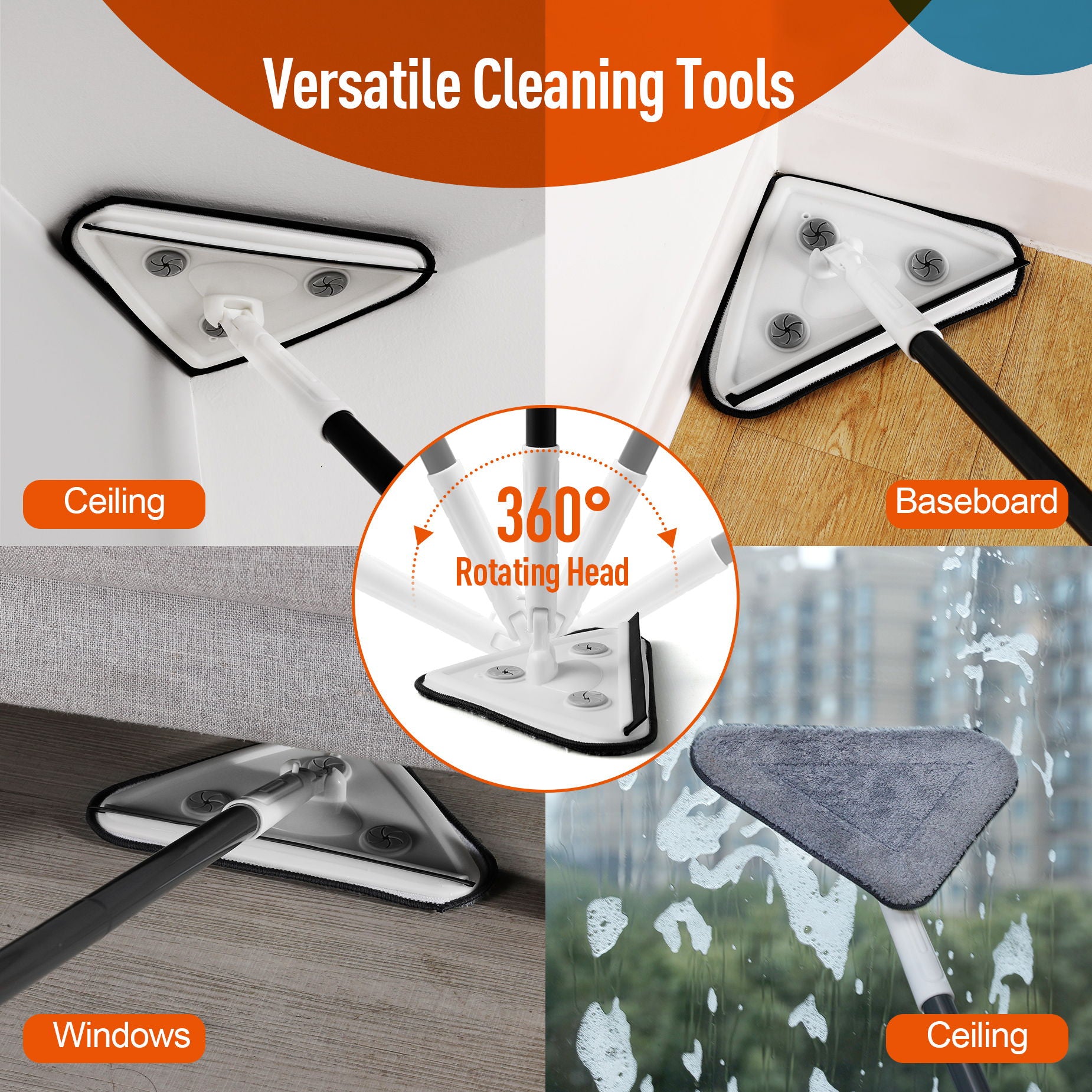 Effortless Wall Cleaning Mop With Disposable Pads, Versatile Triangle Design - White