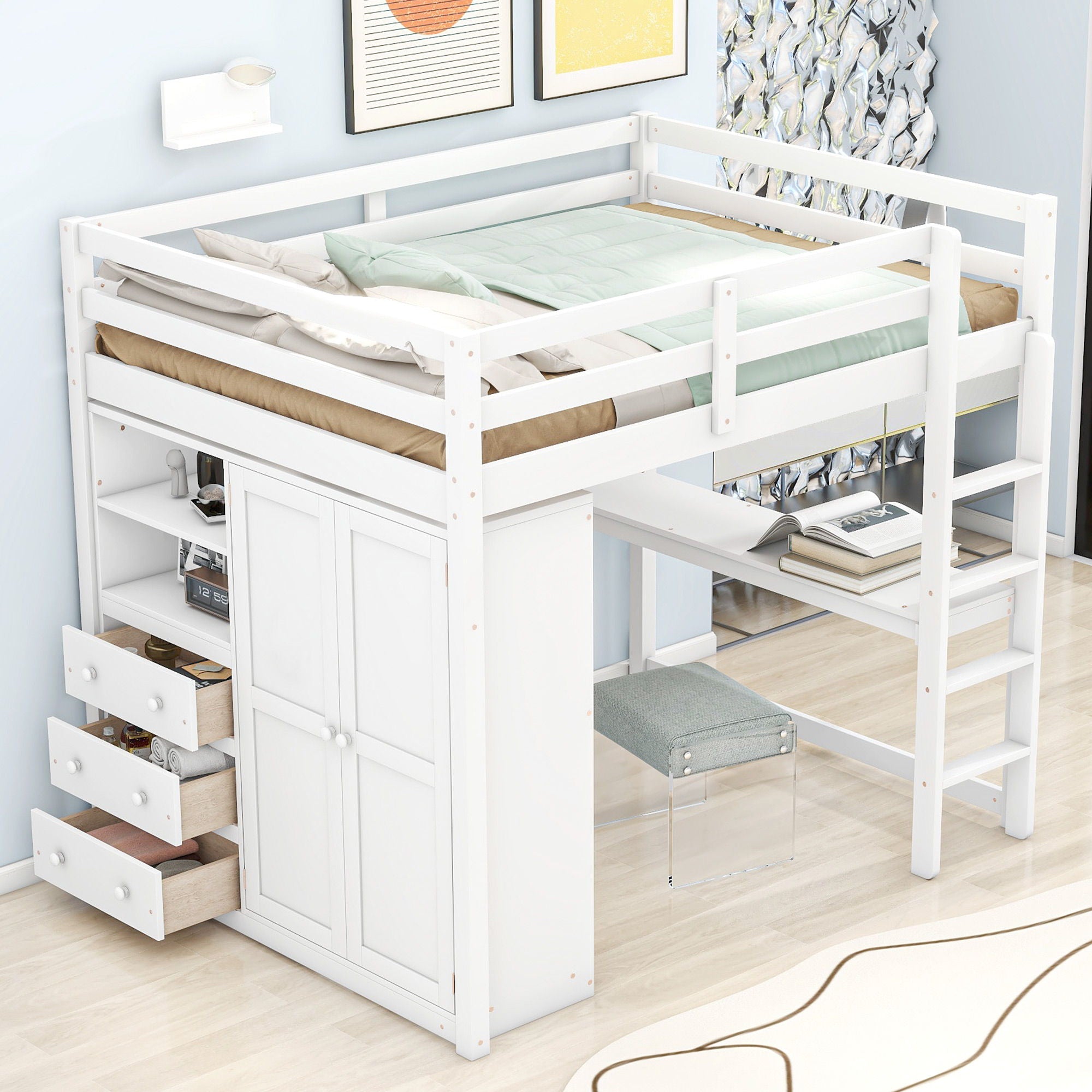 Loft Bed With Built In Wardrobe, Shelves And Drawers