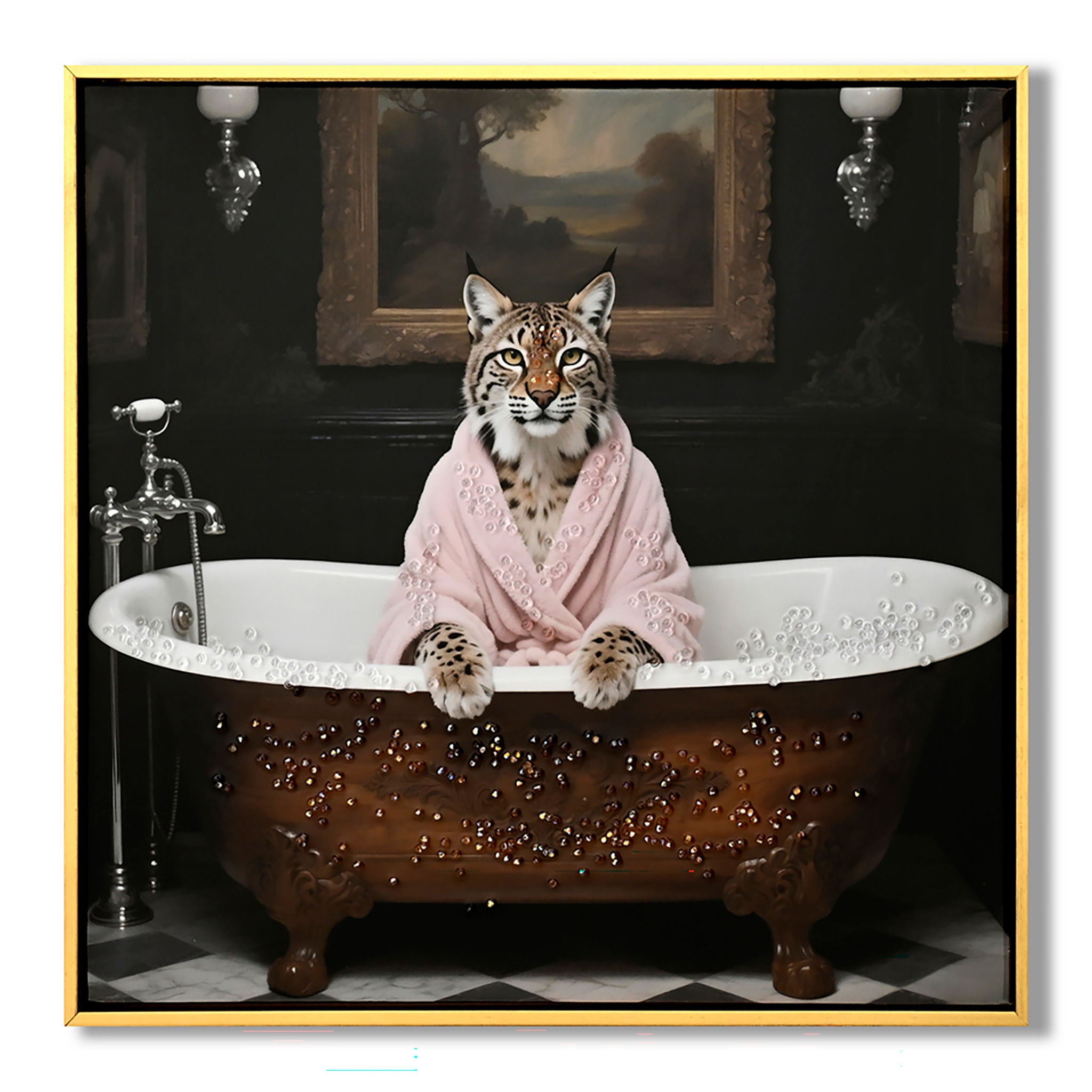 Tiger In Bathtub Wall Art Print Poster, Bathroom Decor Posters Prints For Restroom - Pink / White