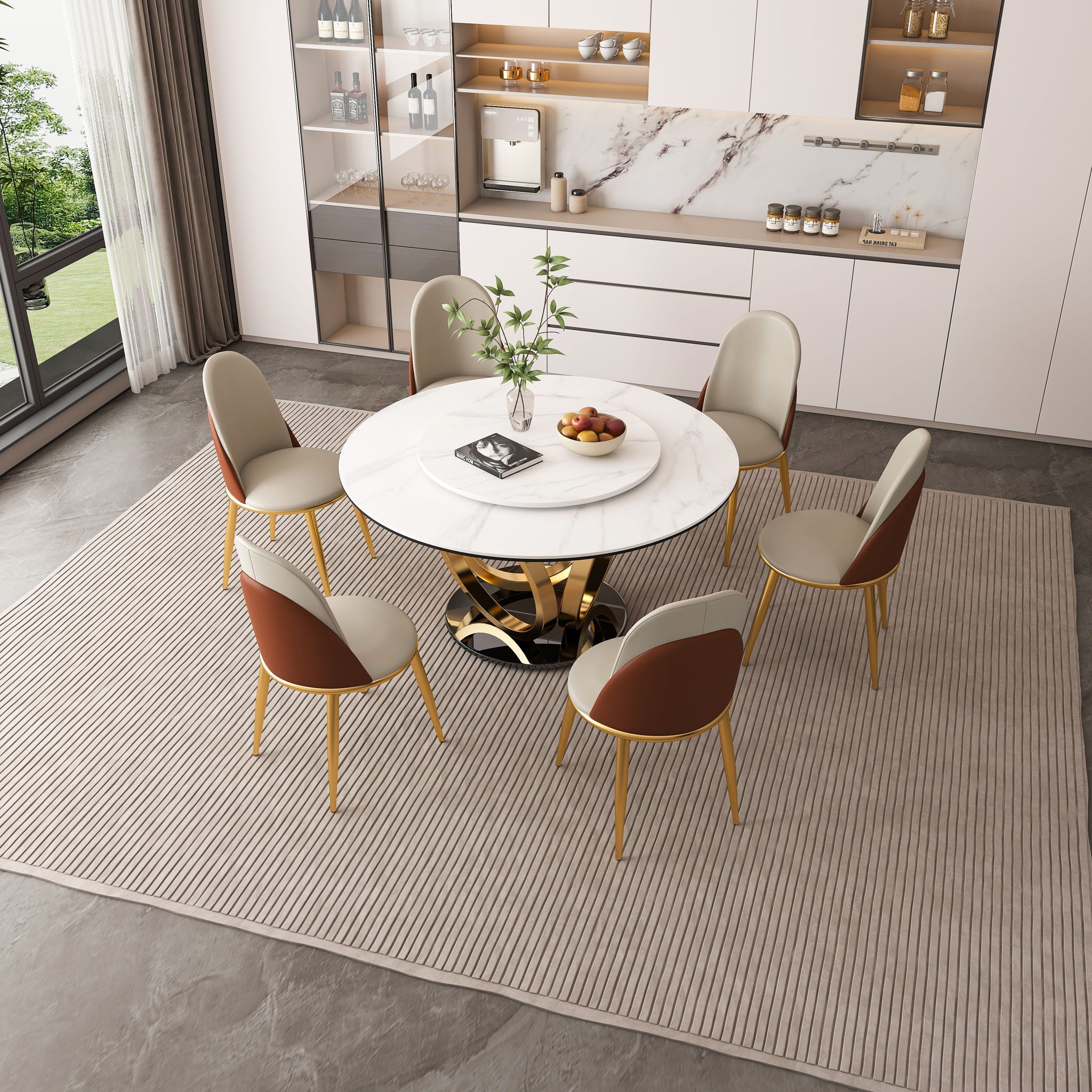 Round Dining Table With 360° Smooth Lazy Susan For Dining Room - Gold / Black / White