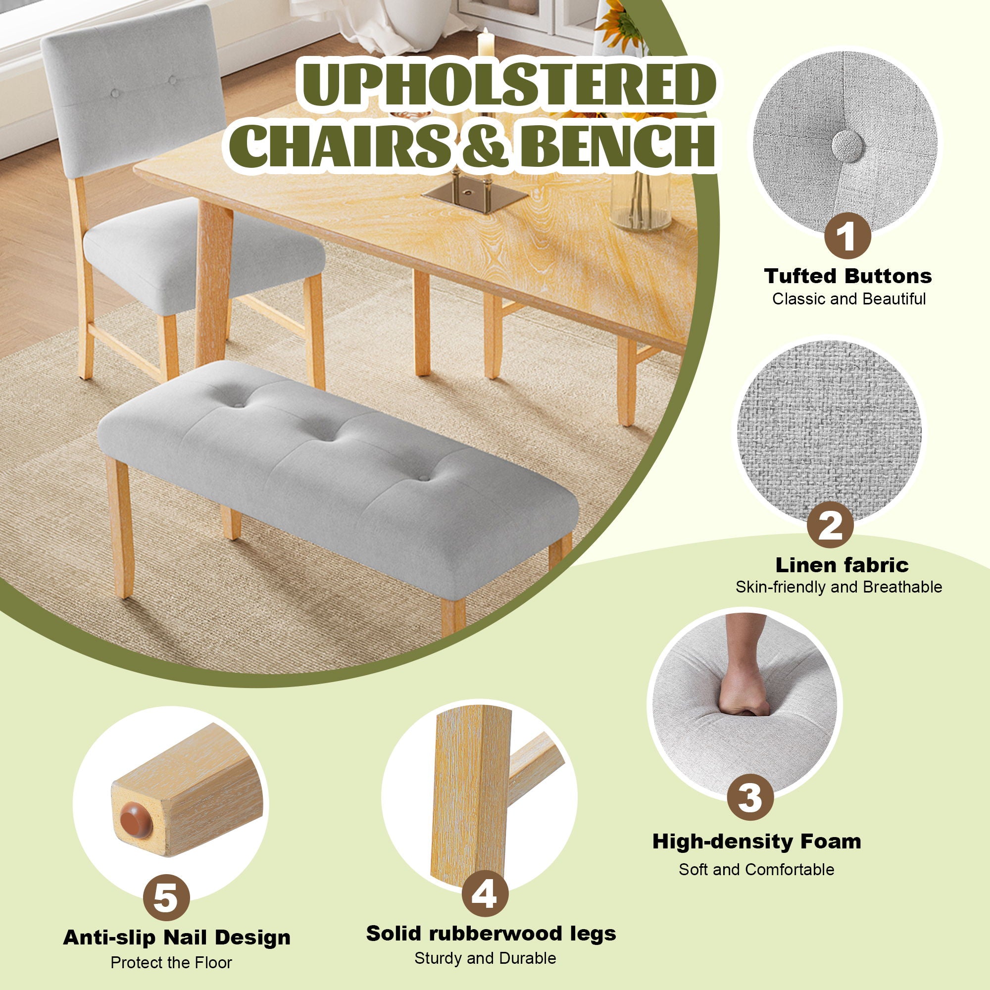 Rustic Farmhouse Dining Room Rectangular Table With 4 Upholstered Chairs And Bench