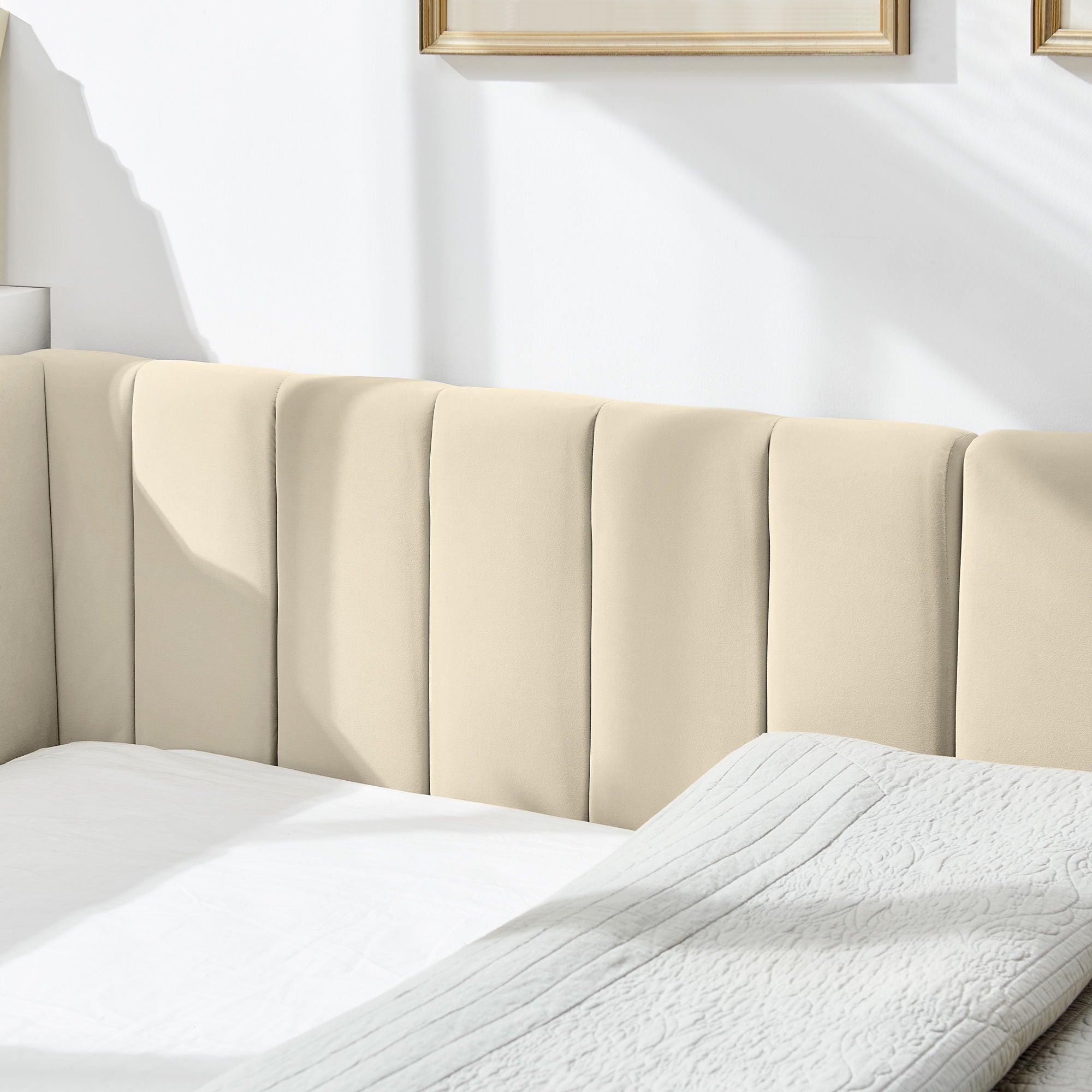 Mid-Century Upholstered Tufted Bed Frame With Backrest And Armrests