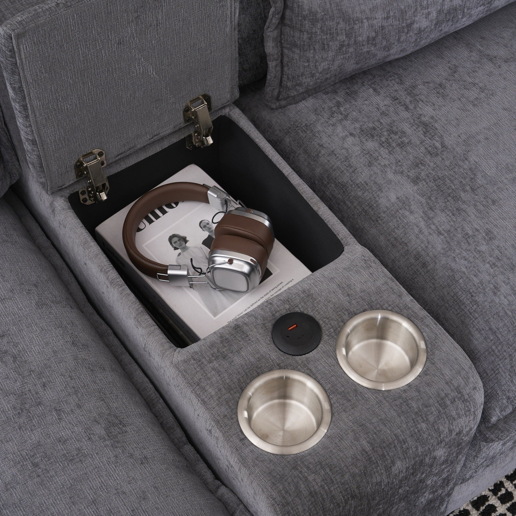 U Shaped Sofa With Console, Cupholders, USB Ports, 6 Seat, Bronzing Suede &