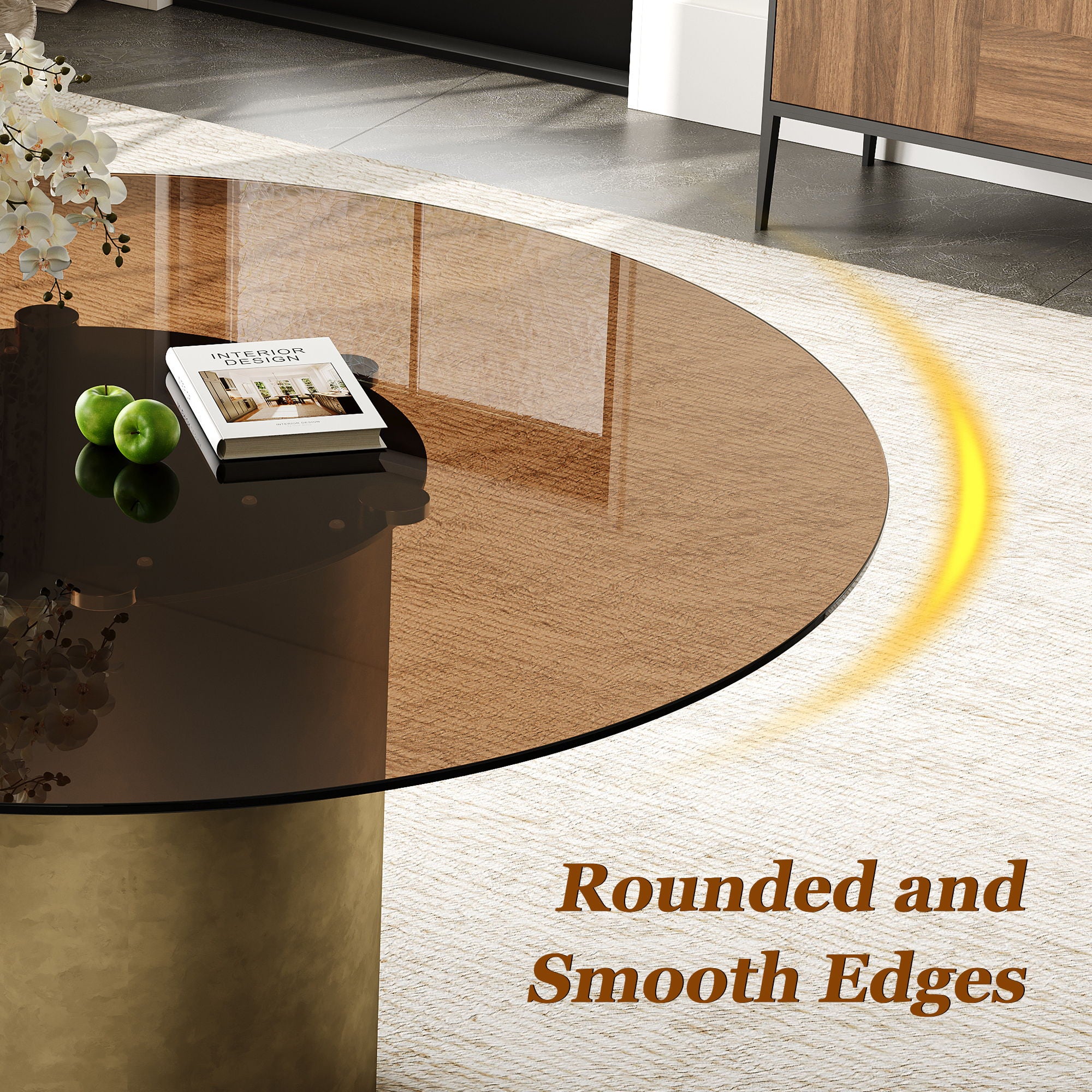 Round Dining Table With Glass Top, Kitchen And Living Room Furniture - Brown