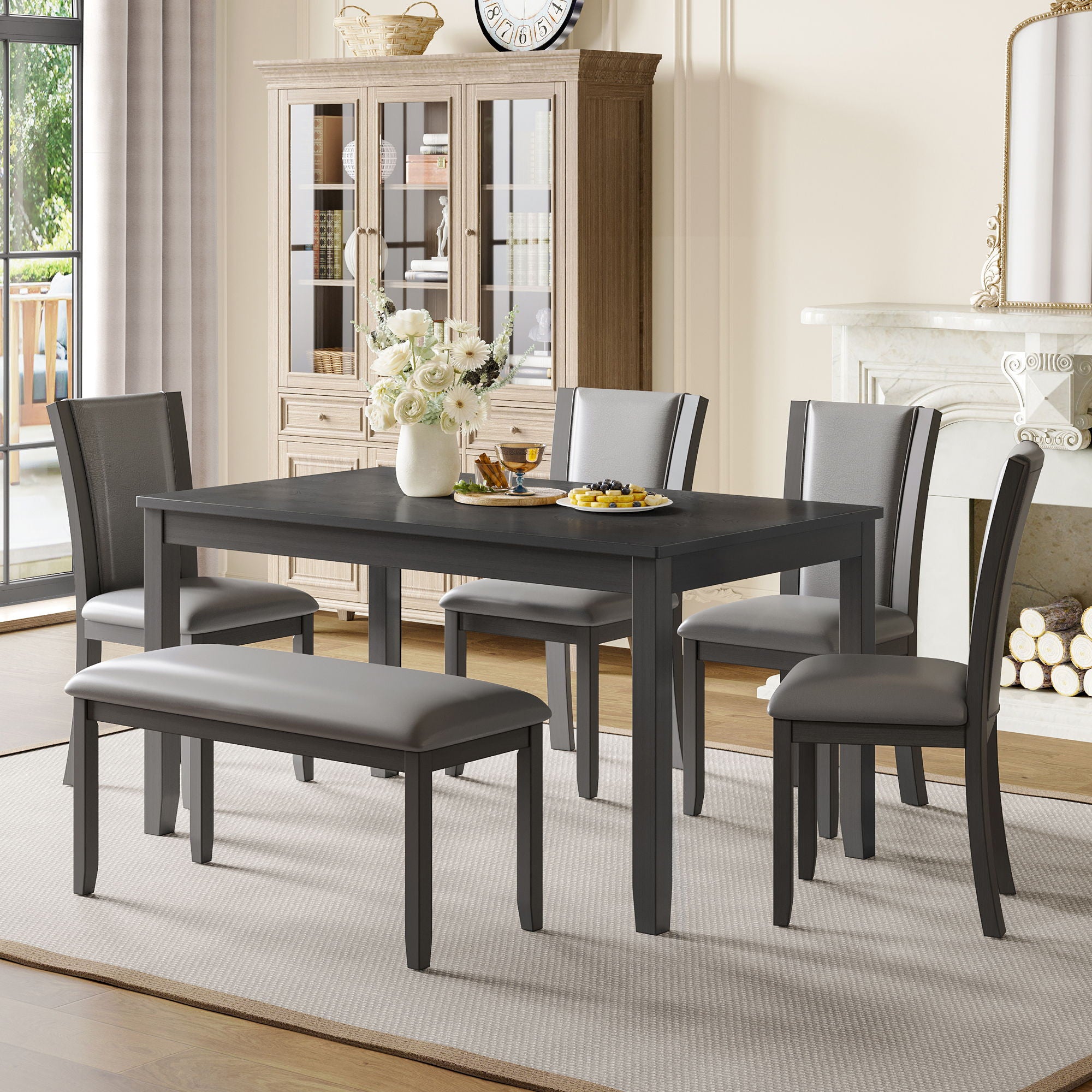 Modern 6 Piece Dining Table Set With Bench And Chairs For Dining Room Or Kitchen - Gray