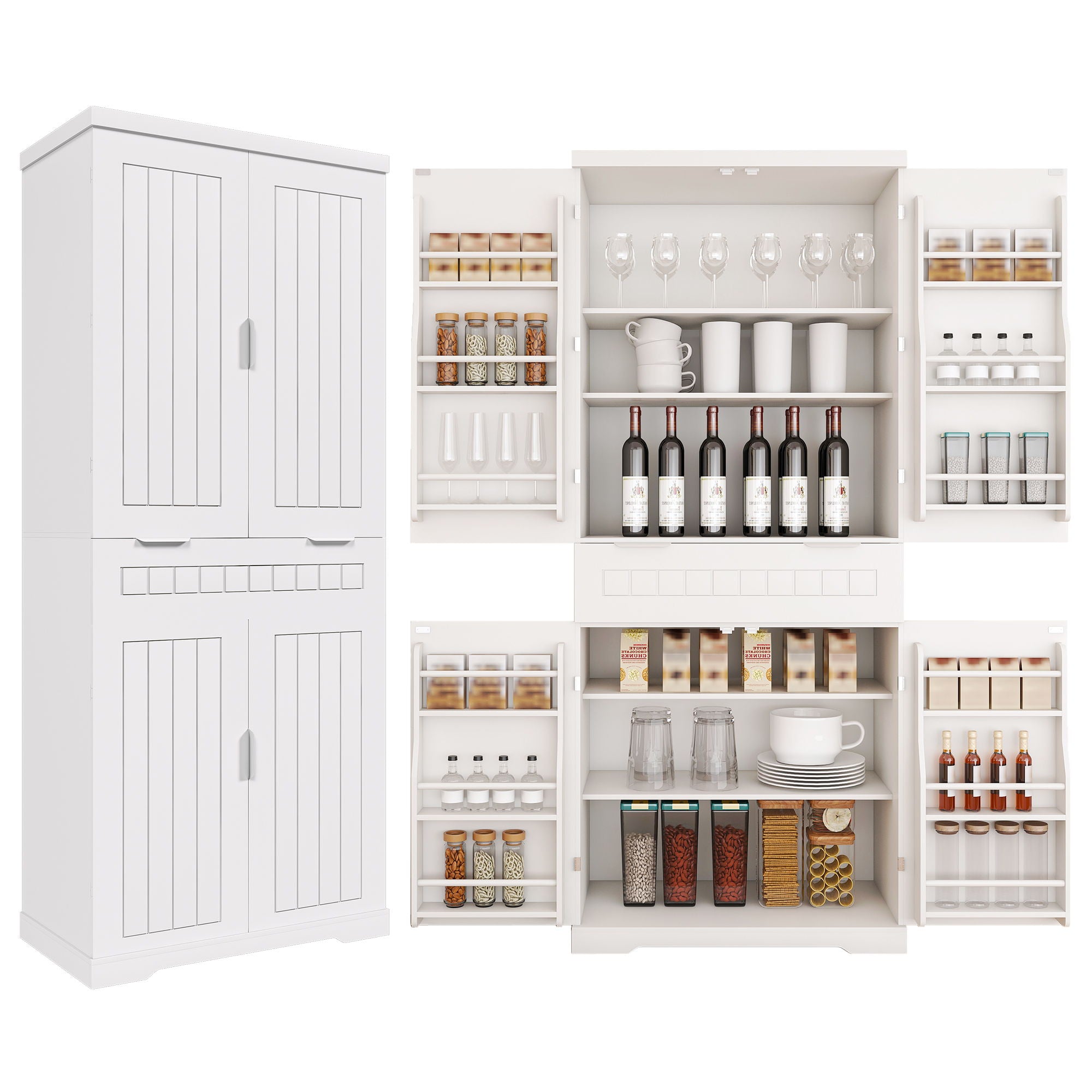 Farmhouse Style Pantry Cabinet With Drawer 2 Cabinets & 6 Door Shelves Adjustable Shelves Freestanding Cupboard - White