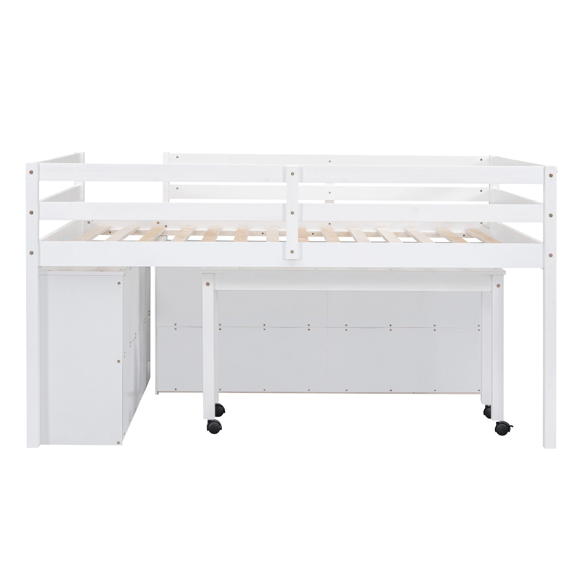 Loft Bed With Retractable Writing Desk And 4 Drawers, With Lateral Portable Desk And Shelves
