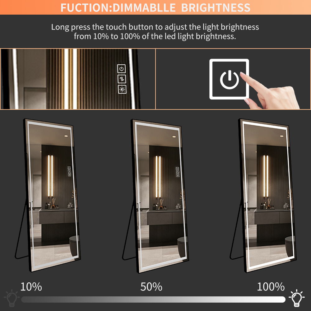 Full-Length Vertical Mirror With LED Light, Dimming Wall Mirror With Frame