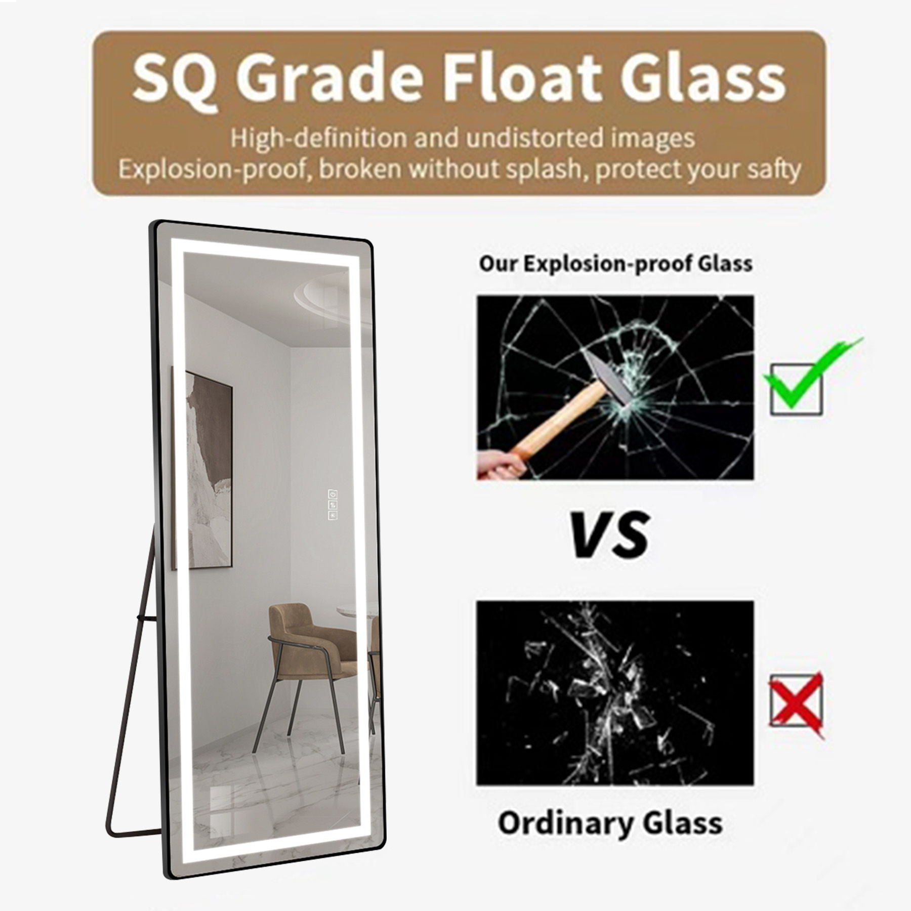 Full-Length Vertical Mirror With LED Light, Dimming Wall Mirror With Frame