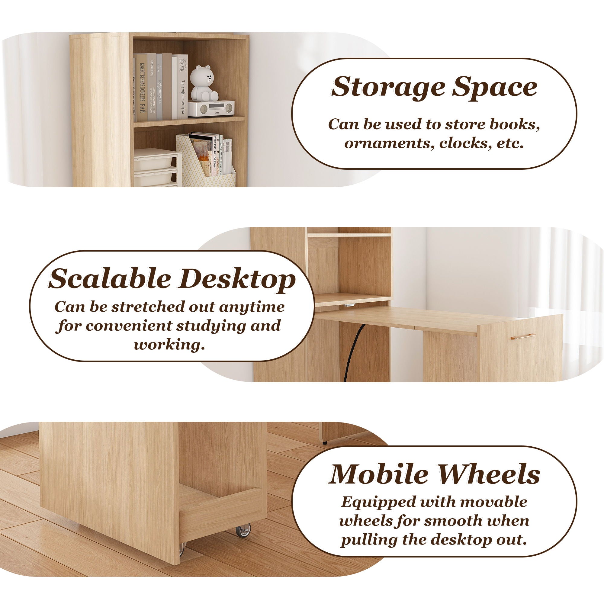 Stretchable Office Desk With Storage Shelves And Mobile Wheels
