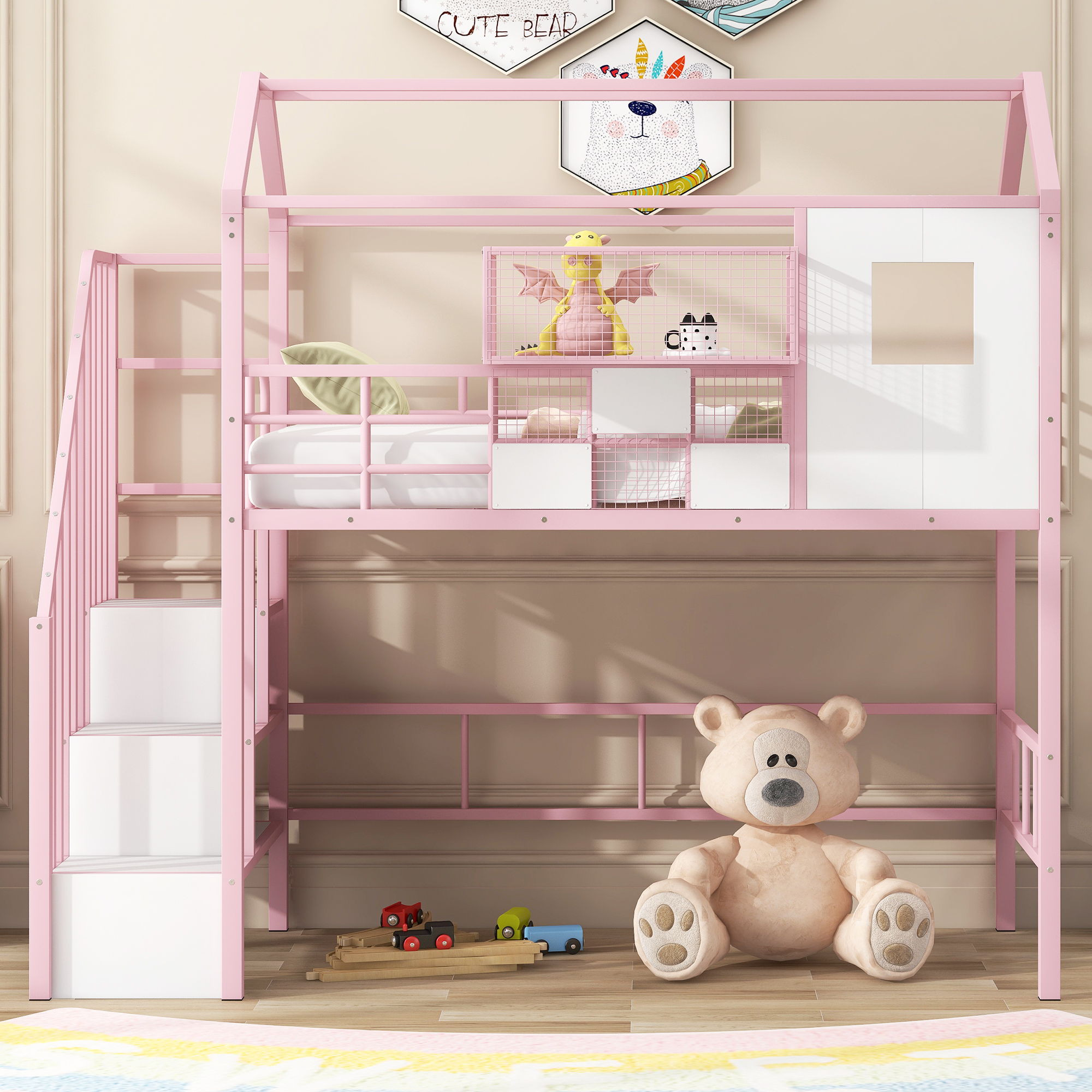 Metal Loft Bed With Roof Design And Storage Box With Guardrails And Integrated Ladder