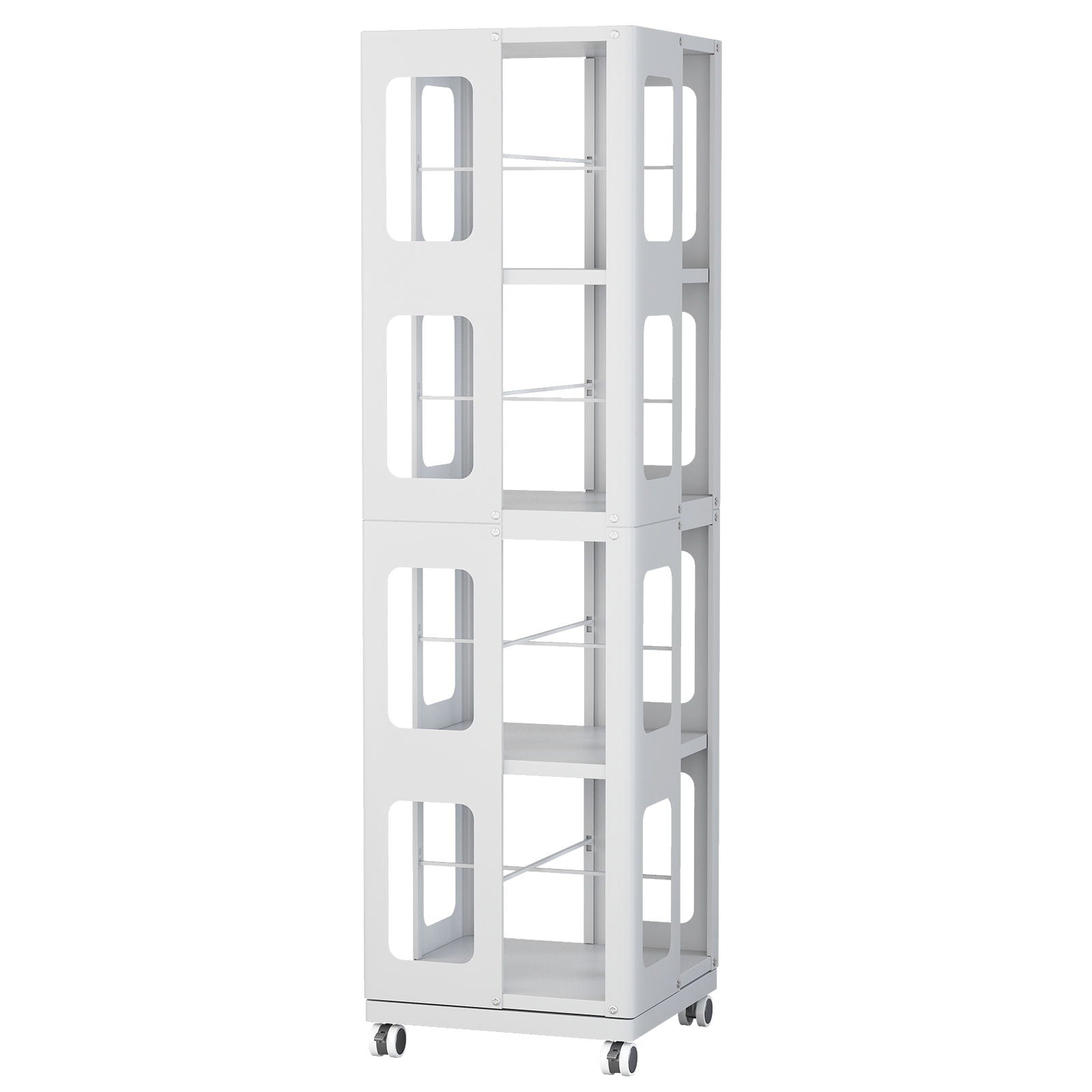 4 Tier All Steel Rotating Bookshelf With 360° Wheels, Large Size Sturdy & Spacious Book Rack, New Style Bookshelf - White