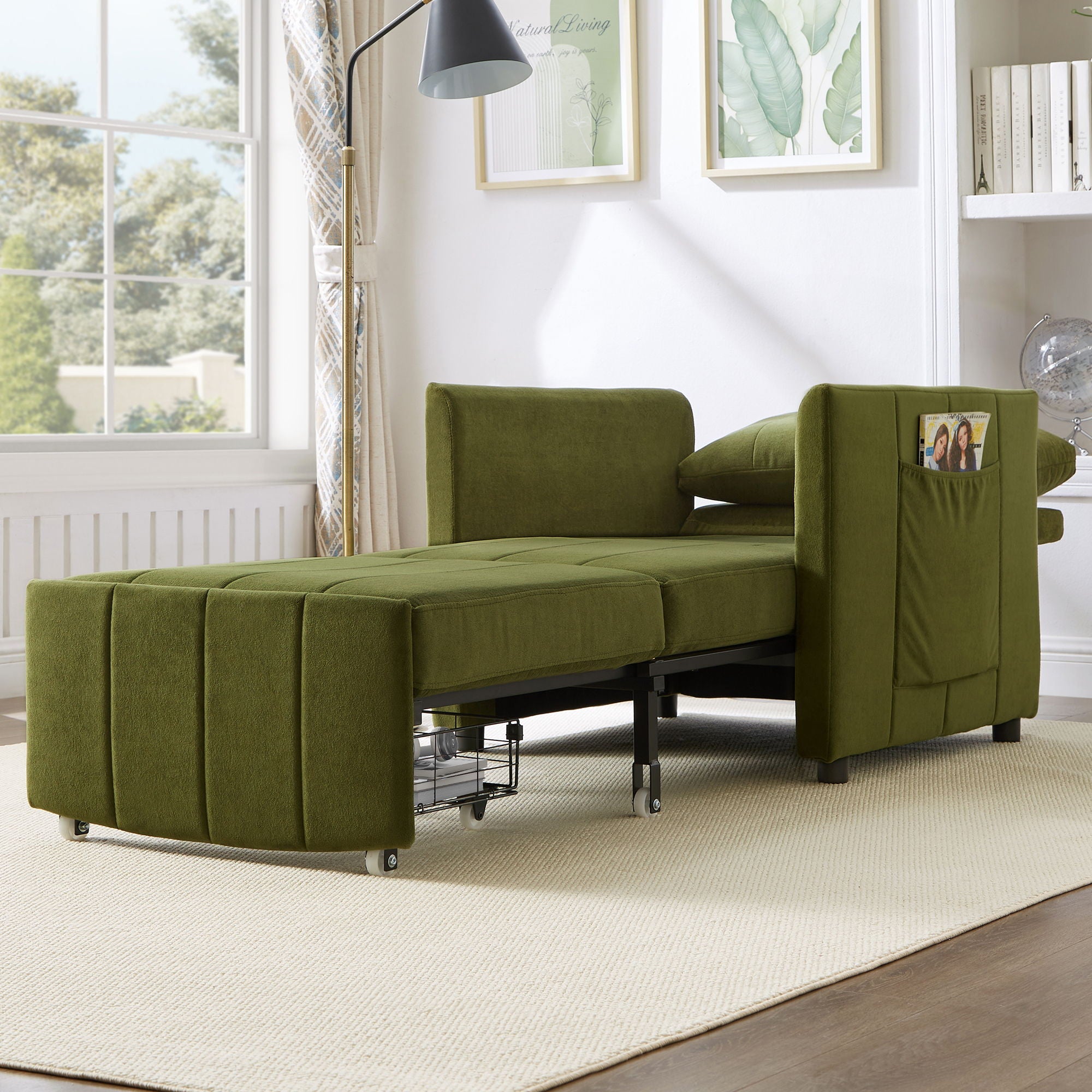 Upholstered Convertible Sleeper Sofa With 5 Position Backrest, Side Pockets, Storage