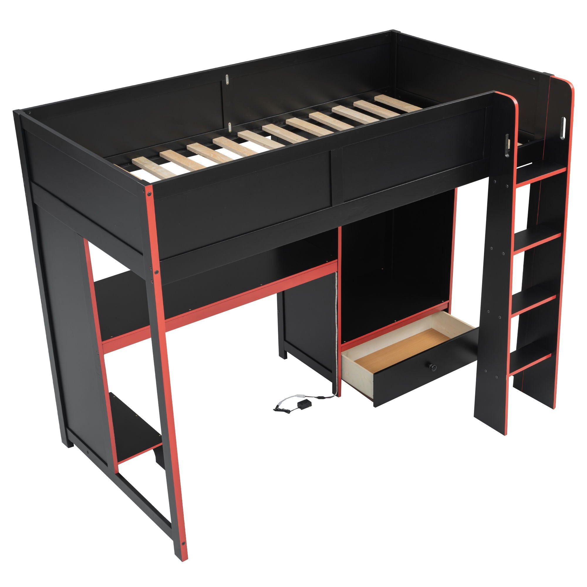 Gaming Loft Bed With Built In Desk, Wardrobe, LED Lighting And Drawer