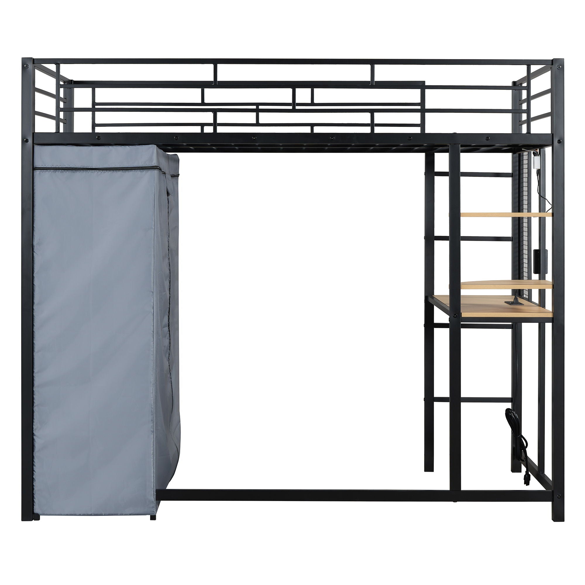 Loft Bed With Desk, Shelves, Power Outlet, LED Light And Wardrobe