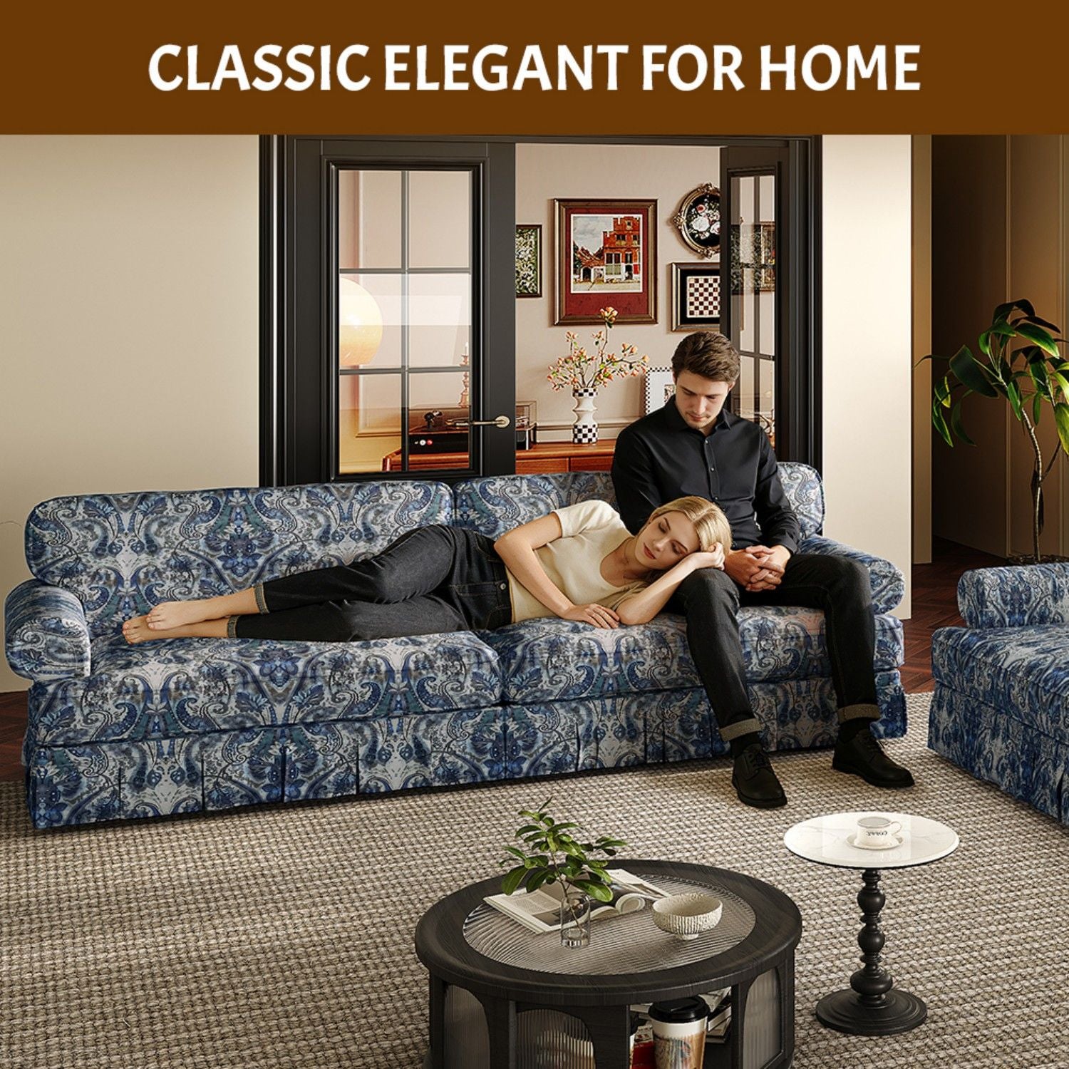 Luxuriously Comfortable Cloud Couch Sofa With Elegant Rolled Arms & Pleated Skirt Design