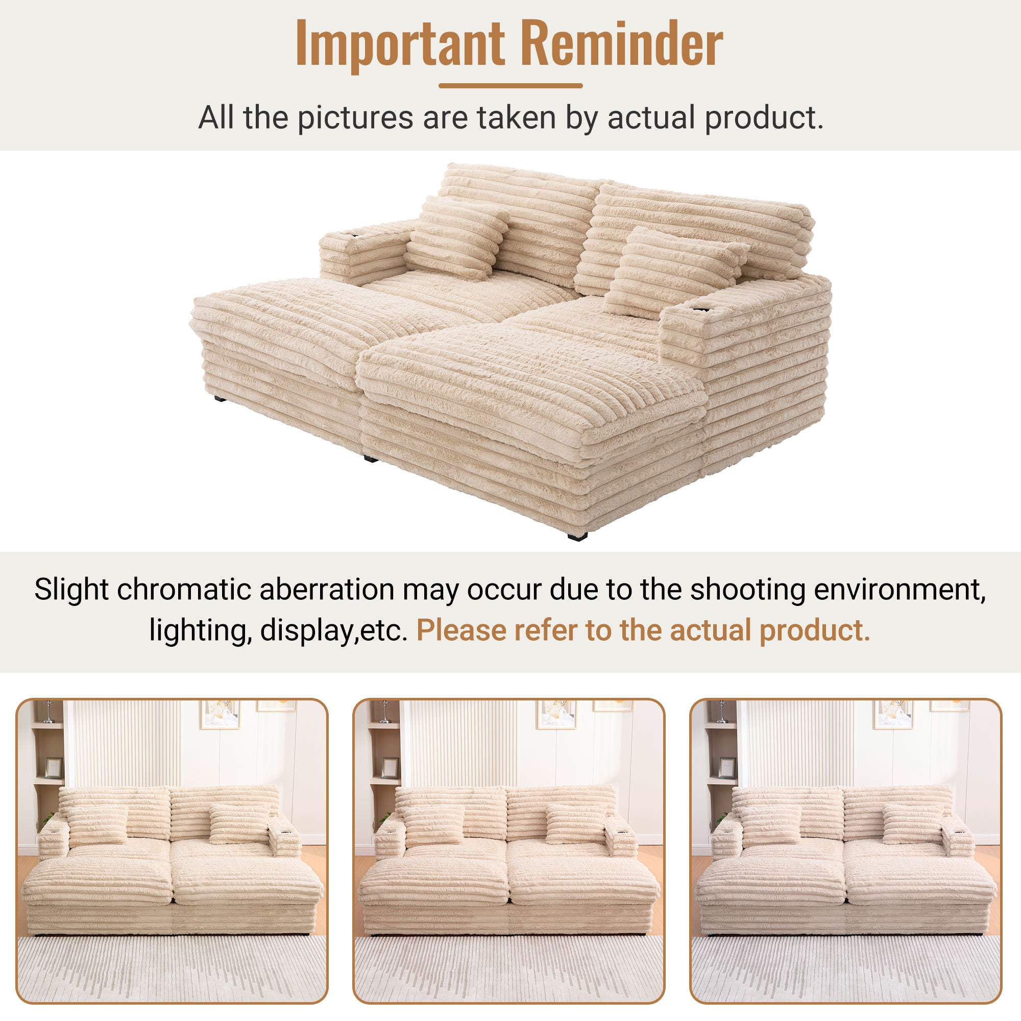 Oversized Double Chaise Lounge Sofa Bed With USB Ports And Cup Holders