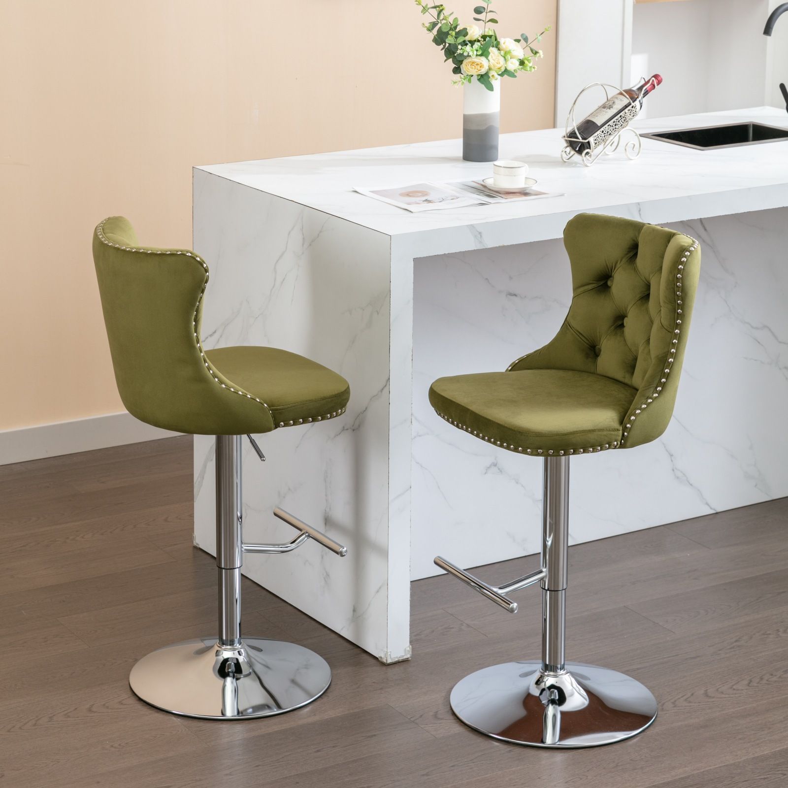 Swivel Barstools Adjusatble Seat Height From 25-33", Modern Upholstered Base Bar Stools With Backs Comfortable Tufted For Home Pub And Kitchen Island (Set of 2)