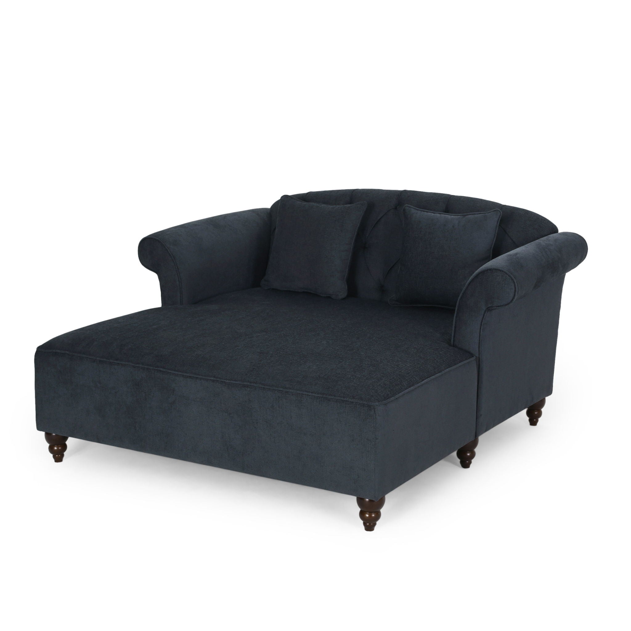 Upholstered Chaise Lounge With Scroll Arms, Turned Legs And 2 Pillows
