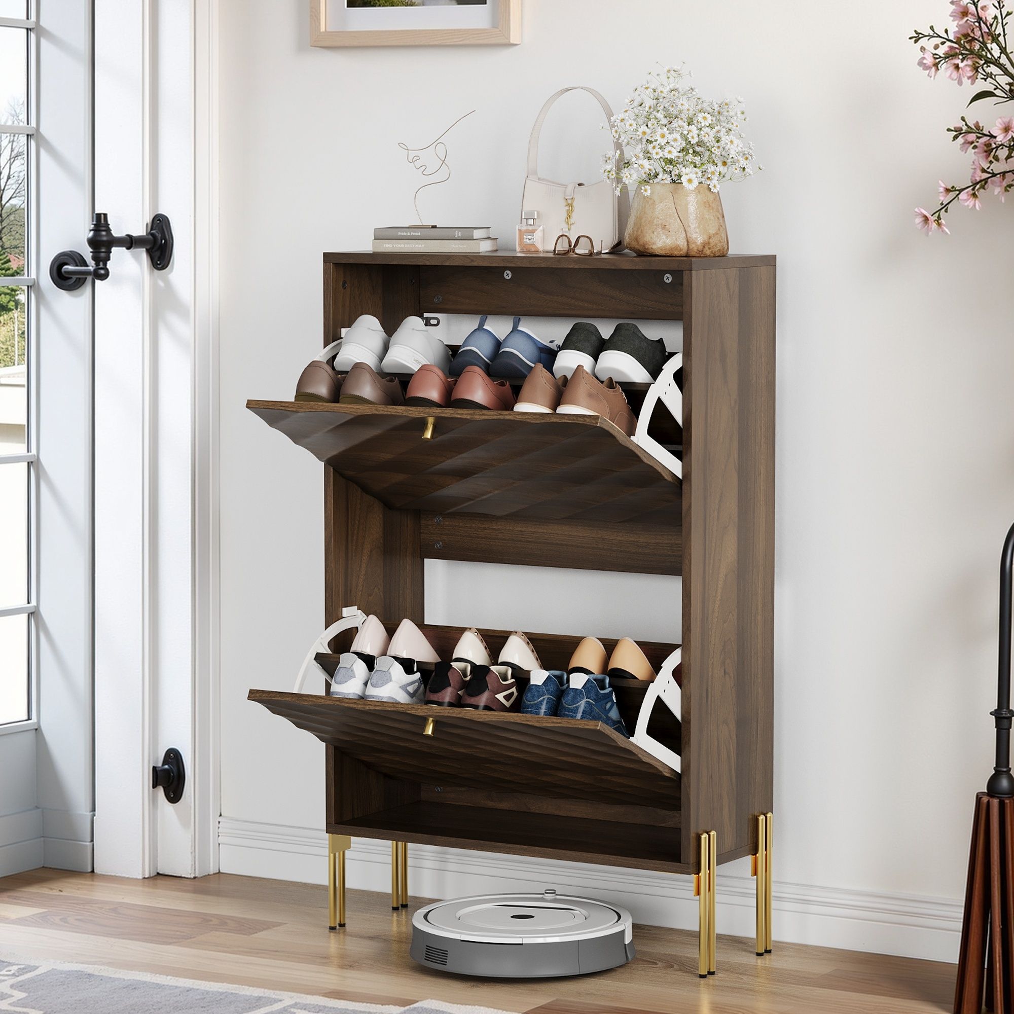 Shoe Cabinet, Freestanding Organizer For Entryway - Walnut