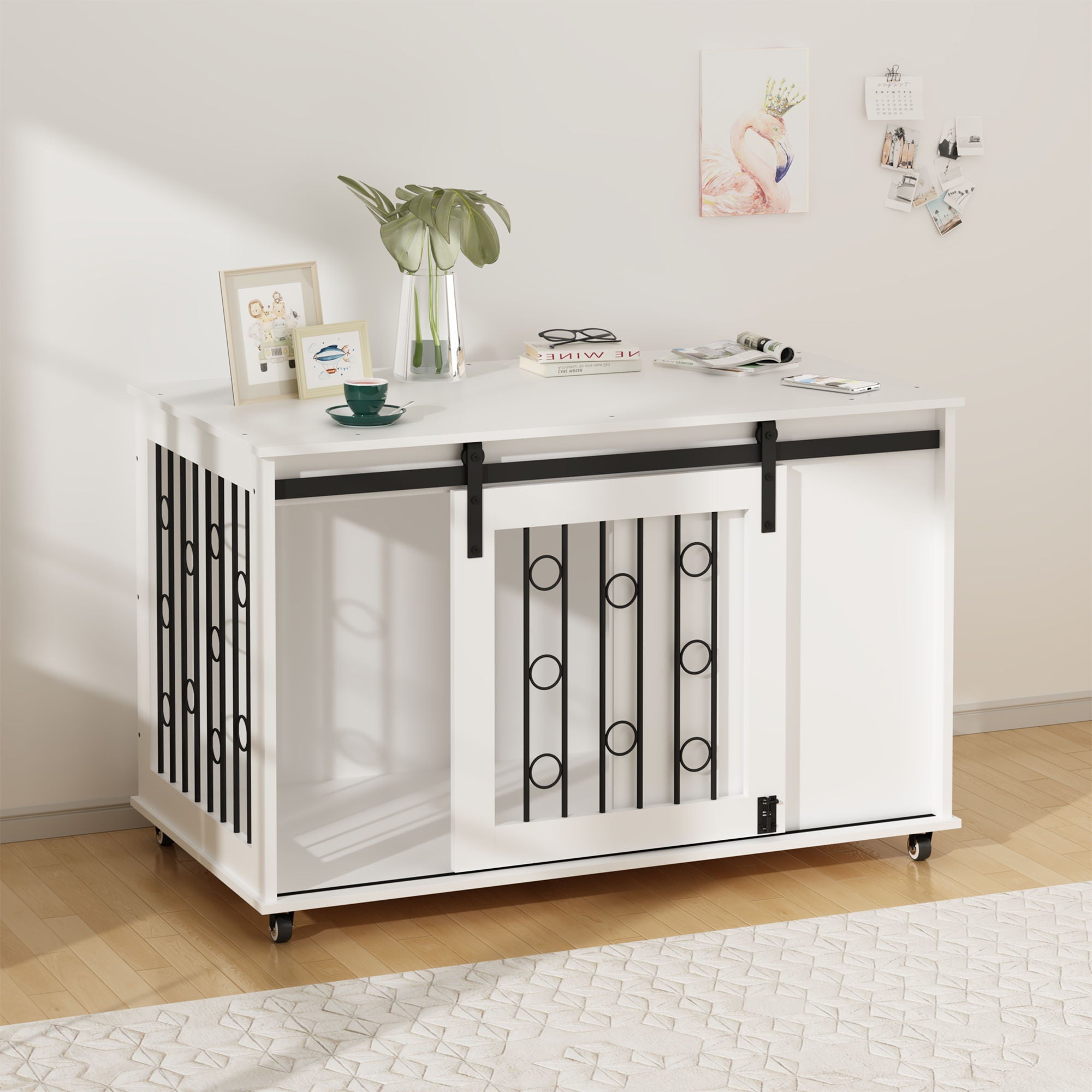 Dog Crate With Sliding Barn Door And Side Access, Lockable Wheels For Small To Medium Dogs - White