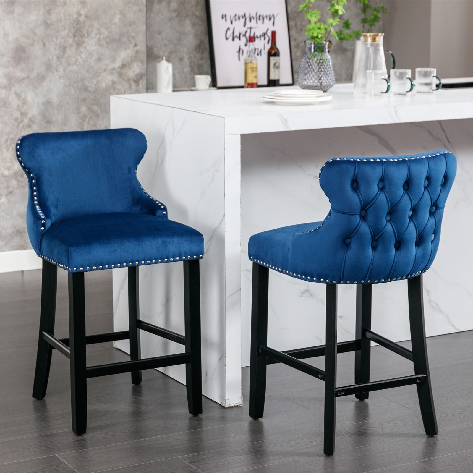 Contemporary Upholstered Wing-Back Barstools With Button Tufted Decoration And Wooden Legs, And Nailhead Trim, Leisure Style Bar Chairs, Bar Stools (Set of 2)