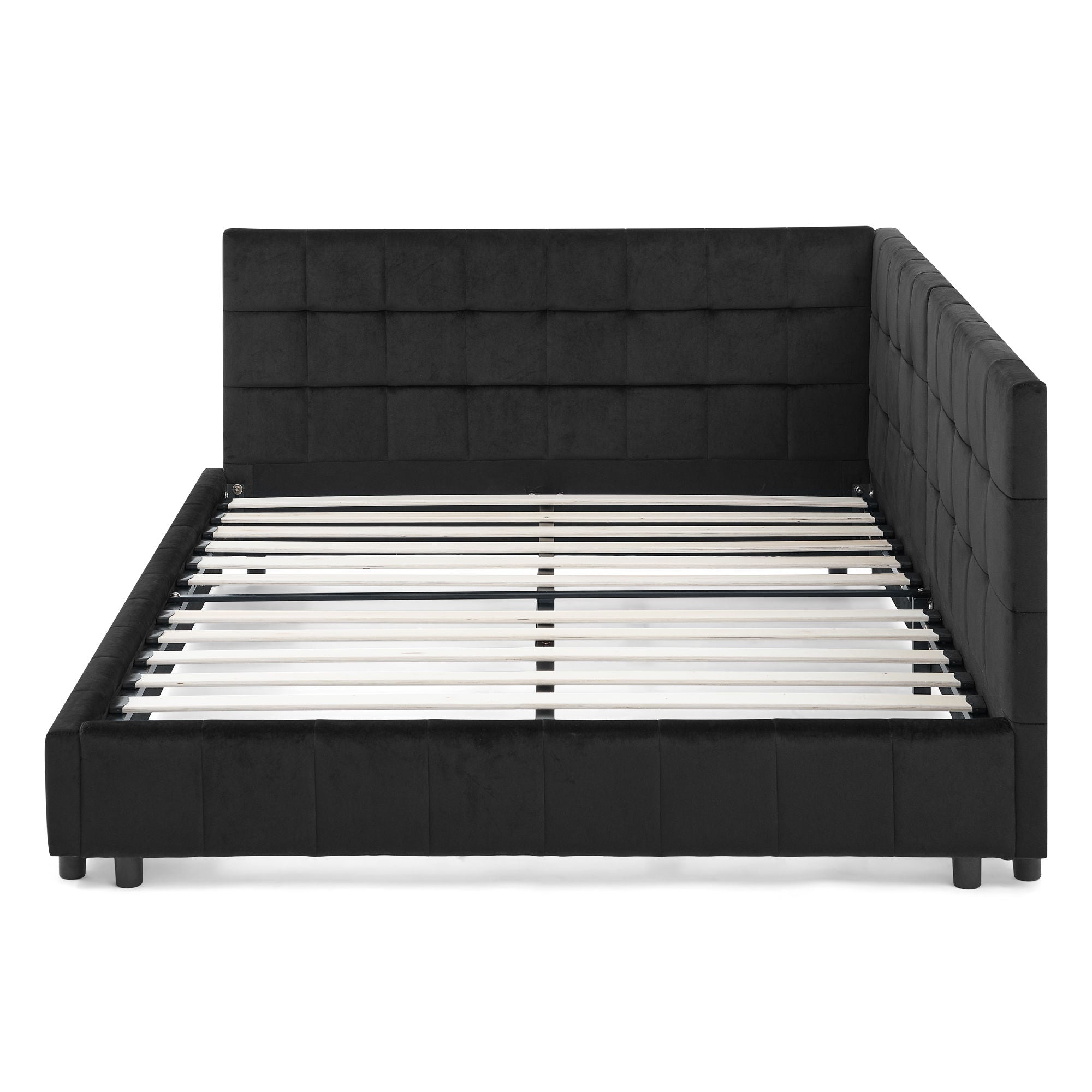 Mid-Century Storage Upholstered Tufted Bed Frame With Backrest And Armrests