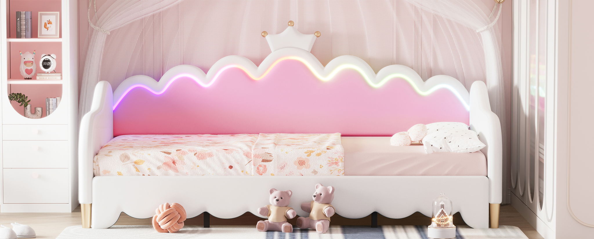 Extending Daybed With LED Lights, Modern Upholstered Princess Daybed With Crown Headboard