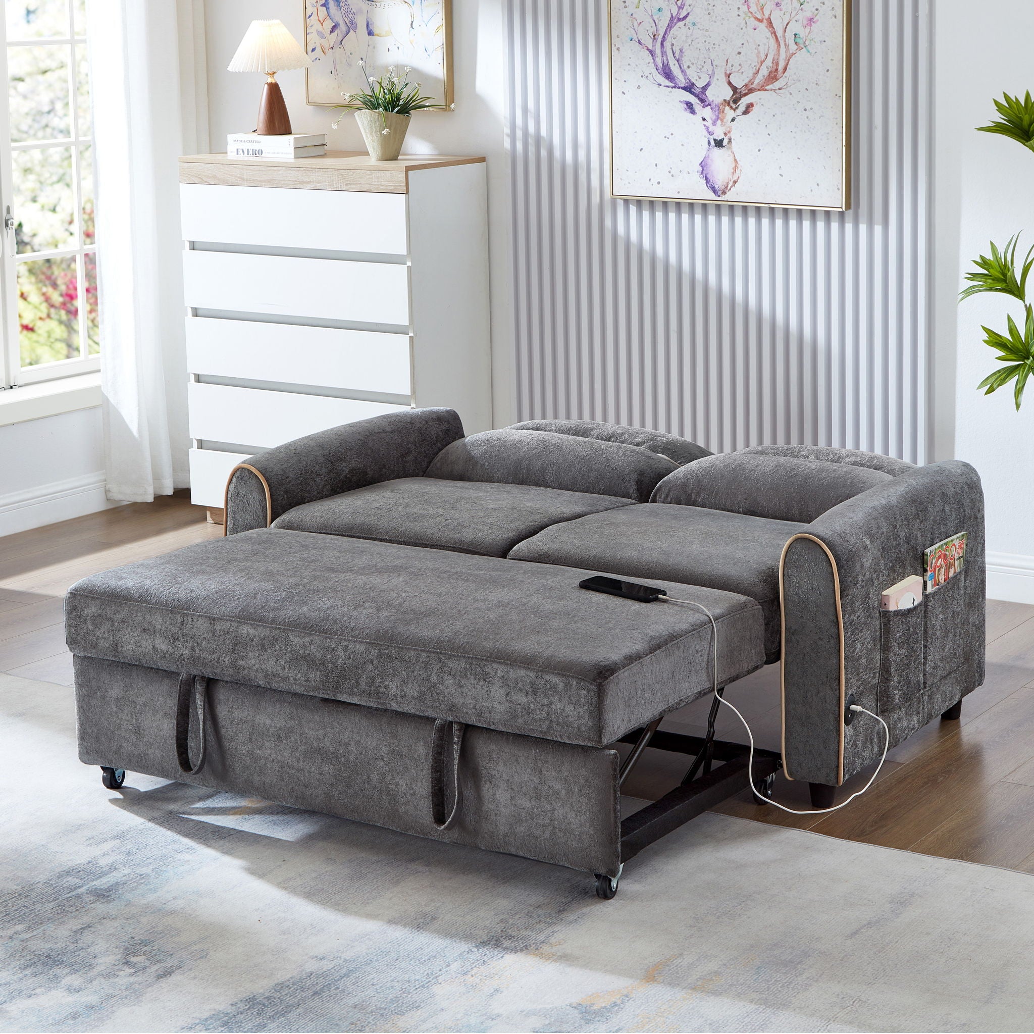 Pull Out Sofa Bed With Adjustable 3 Position Backrest, USB Charging Ports, Side Pockets