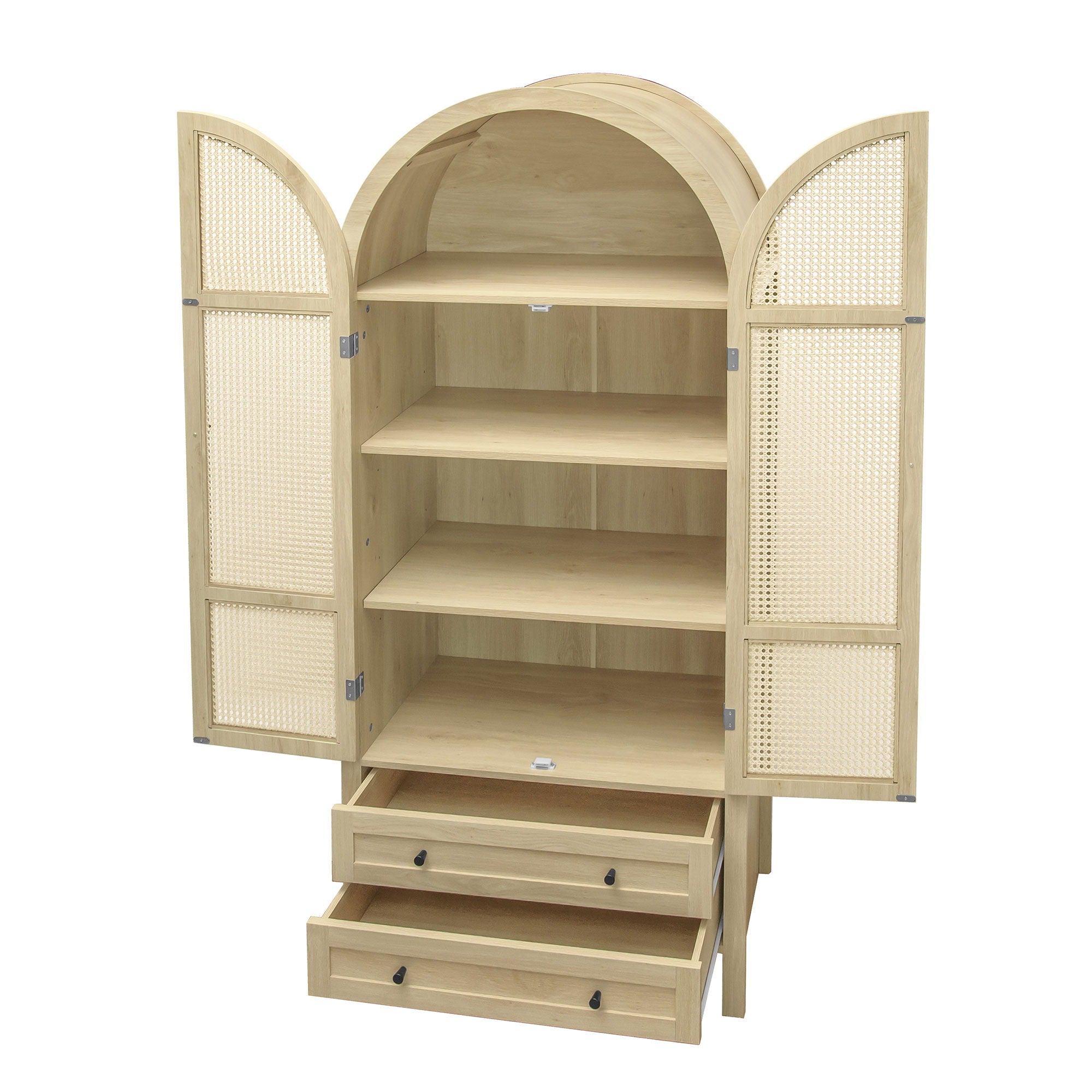 Tall Arched Kitchen Pantry, Arched Storage Display Cabinet With 2 Drawers & Adjustable Shelves, Rattan Door Versatile Storage Cabinet For Kitchen, Dining Room, Living Room - Natural